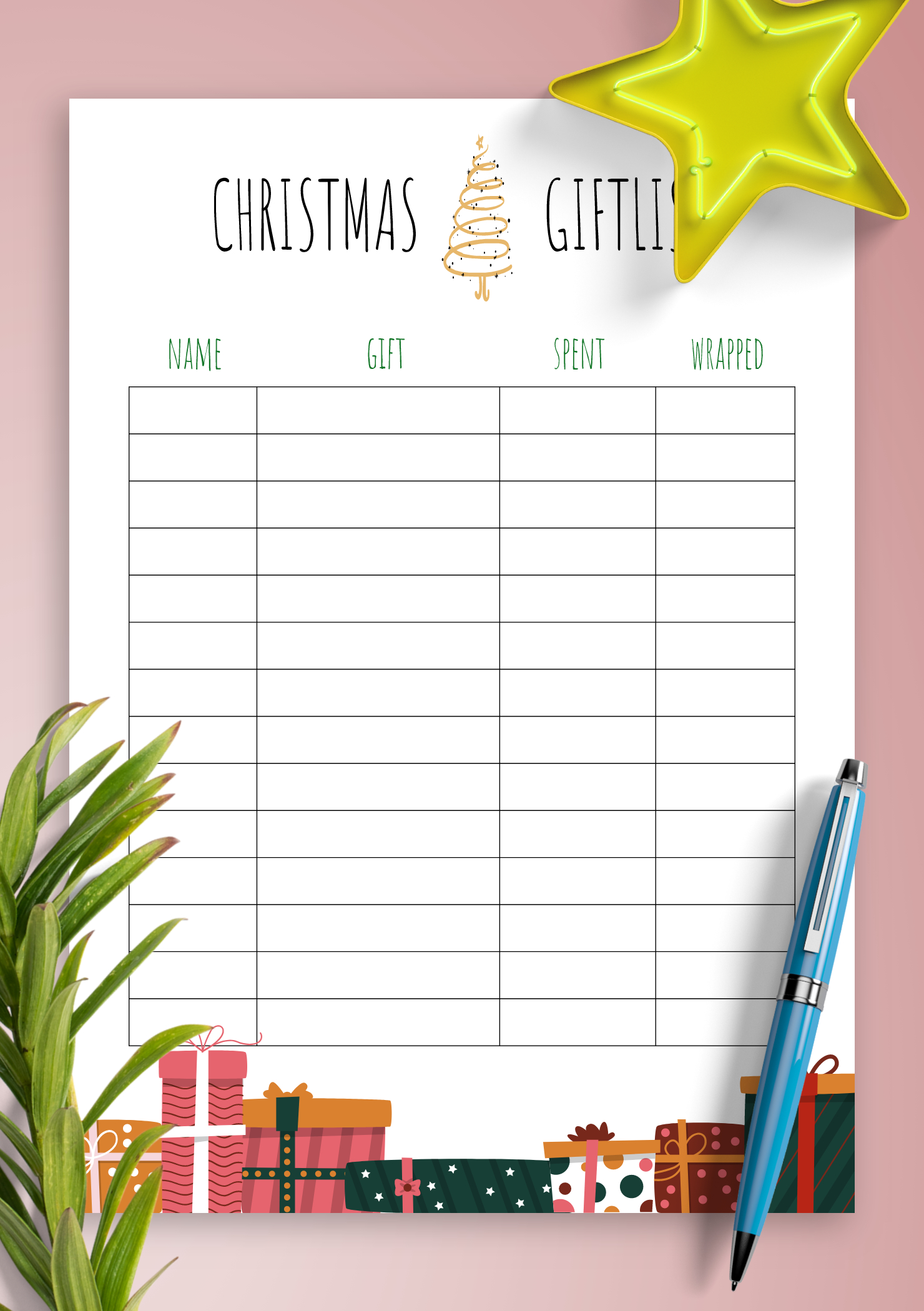 Download Printable Simple Bright Christmas Gift List Pdf within Christmas Gift List Template Printable