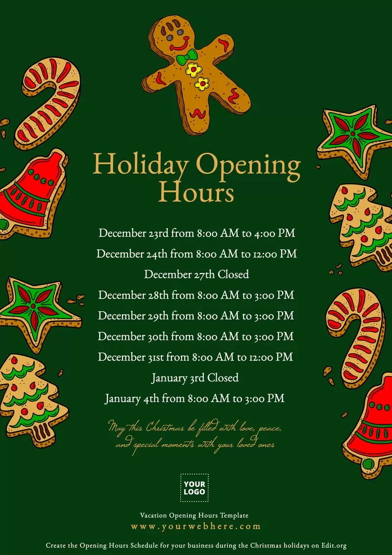 Edit Store Holiday Schedule Templates intended for Christmas Holiday Hours Sign Template Free
