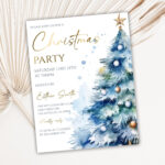 Editable Blue Christmas Tree Party Invitation, Family Christmas Within Blue Christmas Invitation Template