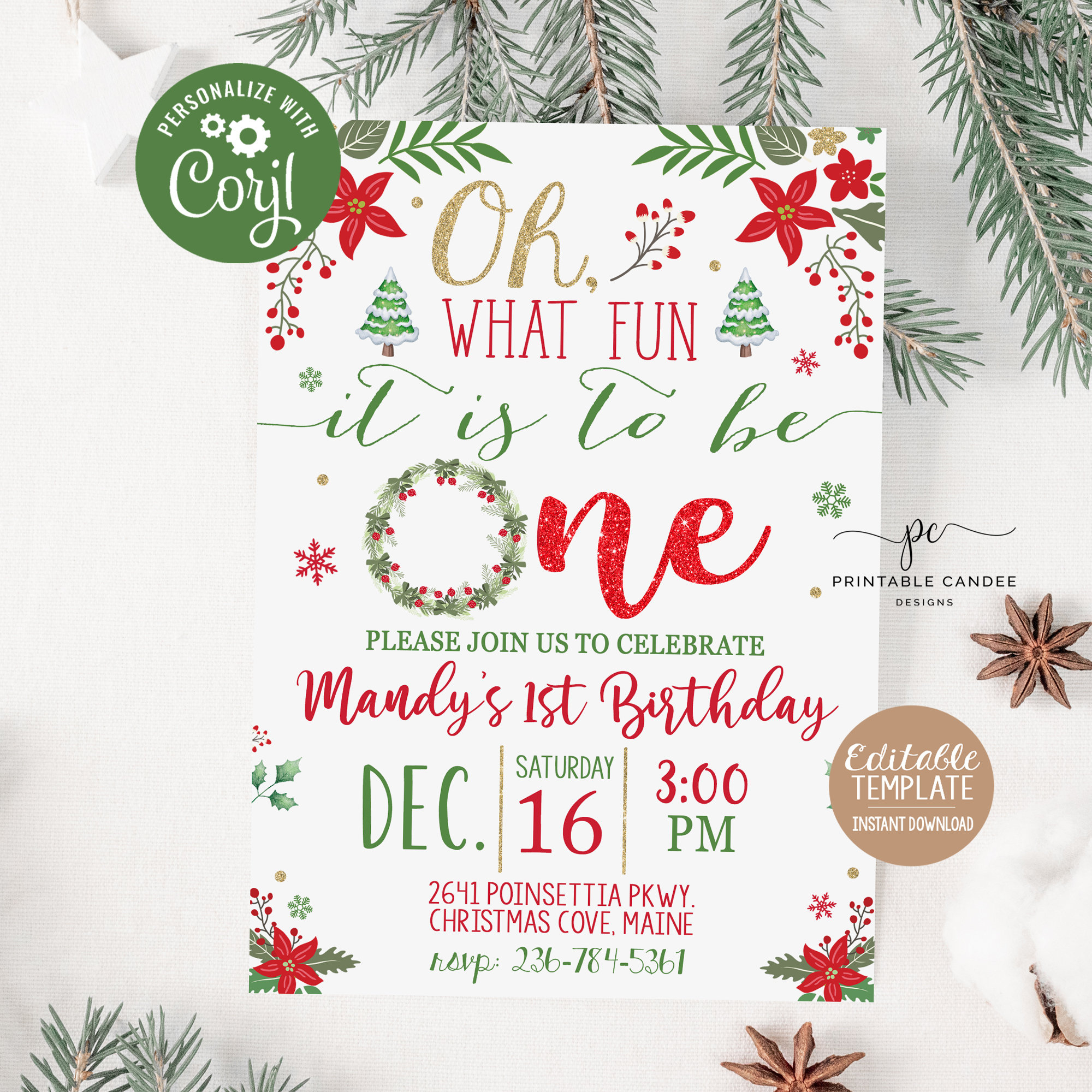 Editable Christmas Birthday Invitation Gold Red 1St Birthday regarding Christmas Birthday Party Invitation Template