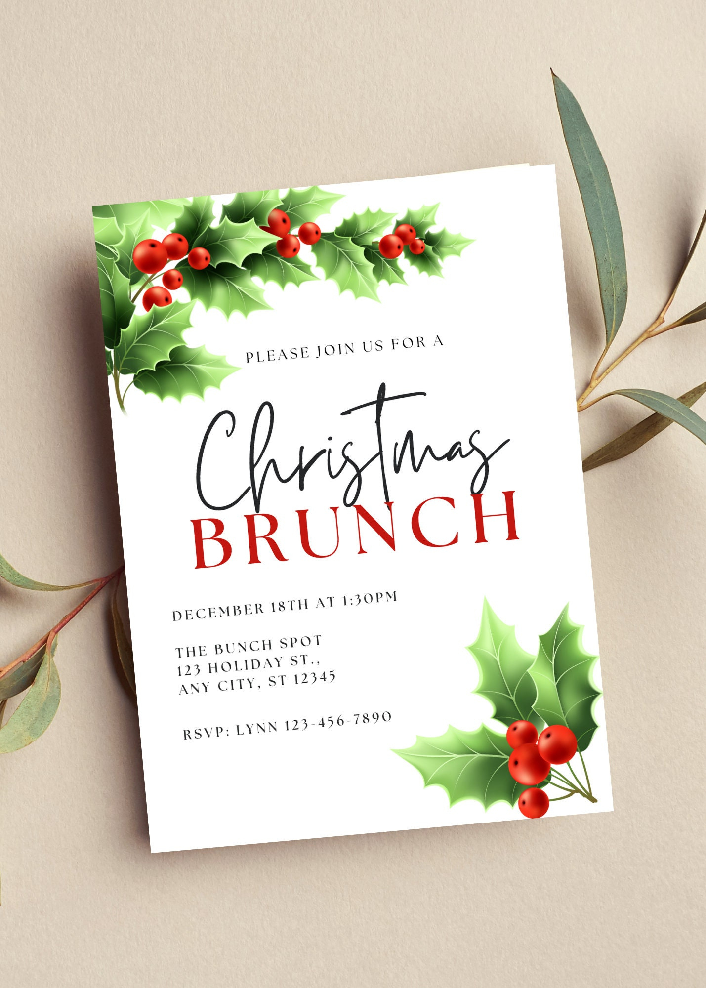 Editable Christmas Brunch Invitation, Holiday Invite, Holly throughout Christmas Brunch Invitation Template