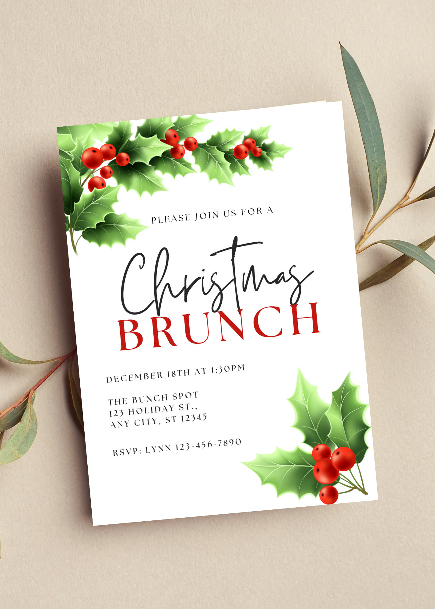 Editable Christmas Brunch Invitation, Holiday Invite, Holly with regard to Christmas Brunch Invite Template