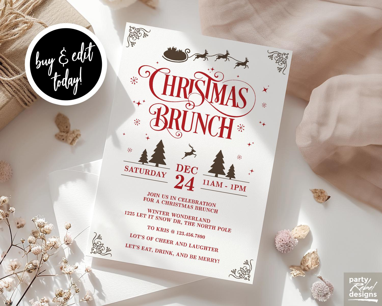 Editable Christmas Brunch Invitation Printable, Holiday Party for Christmas Brunch Invitation Template