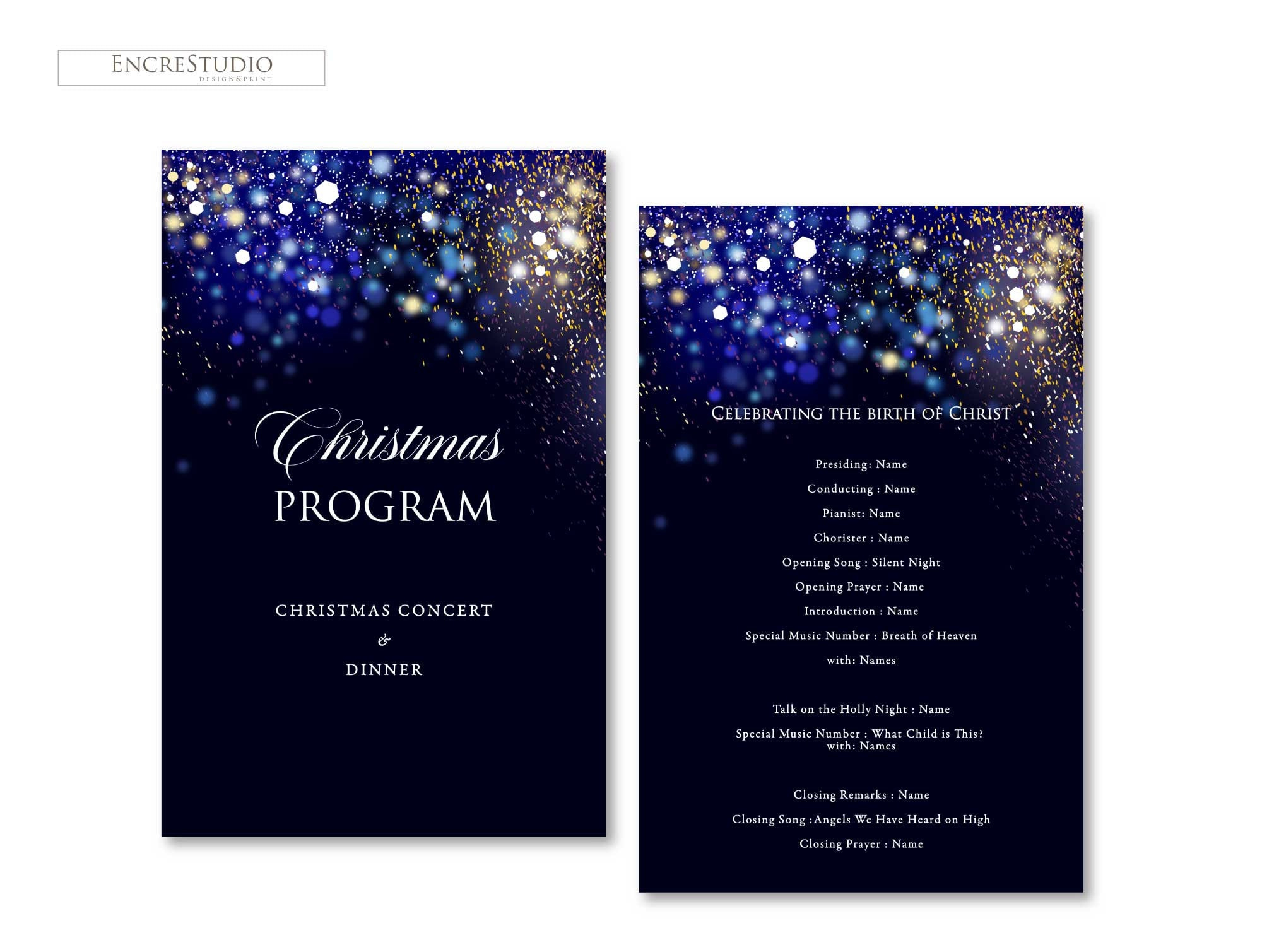 Editable Christmas Concert Program Template: Blue & Gold Stars within Christmas Concert Program Template