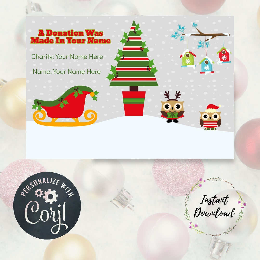 Editable Christmas Donation & Contribution Card, Sleigh, Donation intended for Donation Has Been Made in Your Name Template Christmas