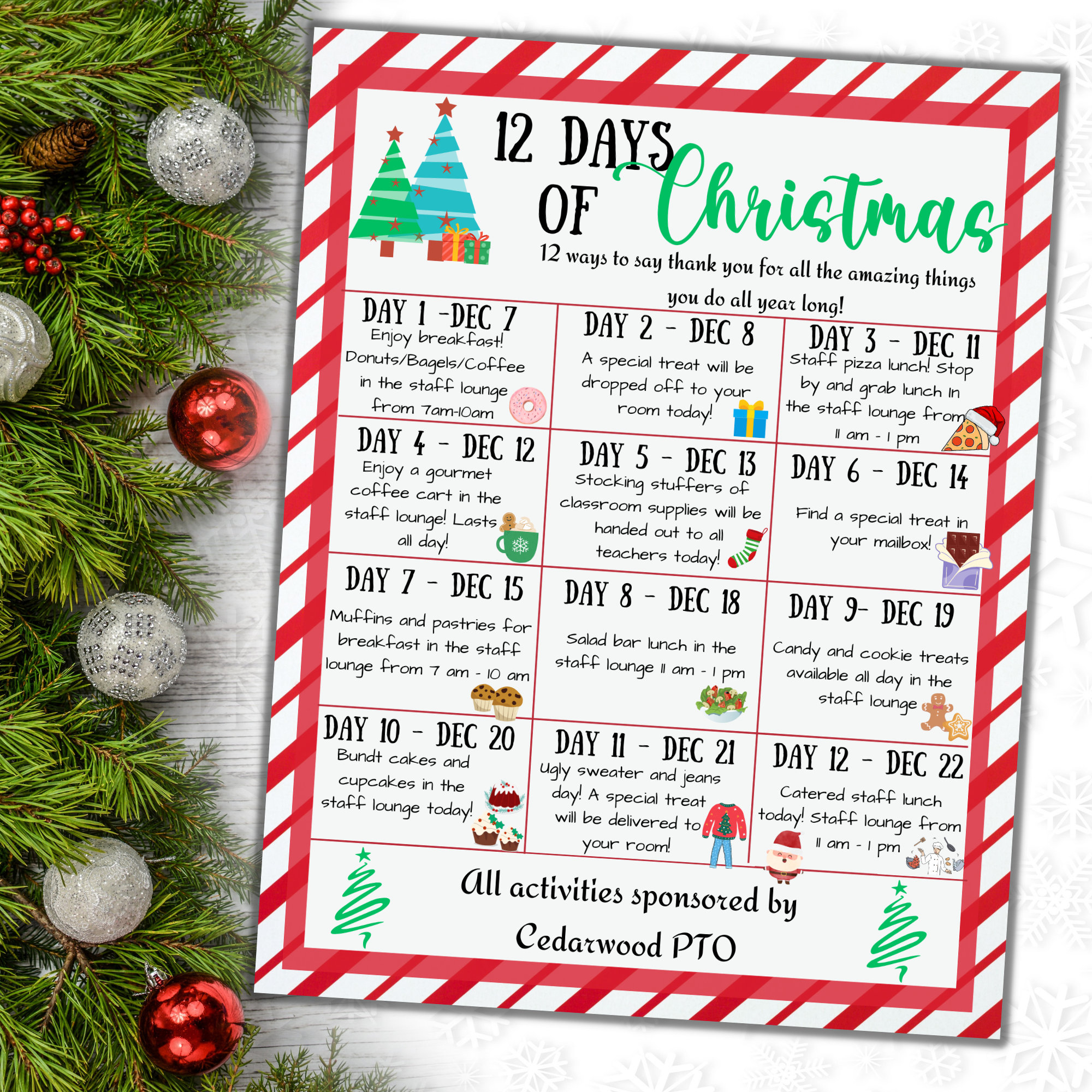 Editable Christmas Holiday Appreciation Flyer, Teacher 12 Days Of Christmas, School Pto Pta, Christmas Daily Events Itinerary for 12 Days Of Christmas Sale Template