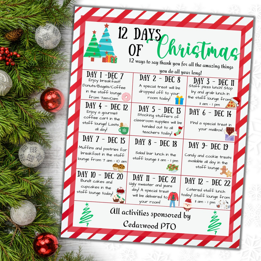 Editable Christmas Holiday Appreciation Flyer, Teacher 12 Days Of  Christmas, School Pto Pta, Christmas Daily Events Itinerary throughout 12 Days Of Christmas Template