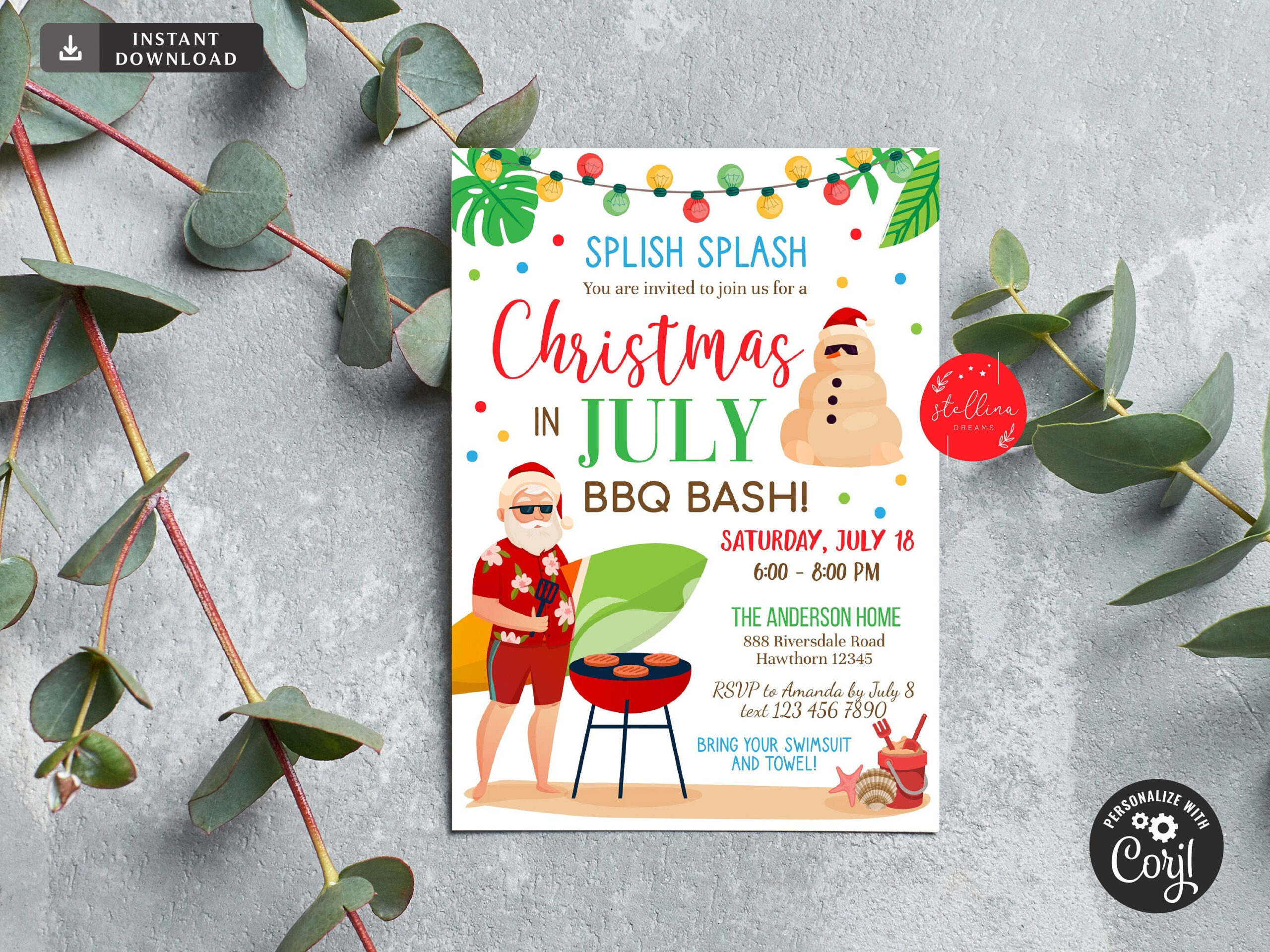 Editable Christmas In July Party Invitation, Summer Xmas Santa within Christmas in July Party Invitation Template