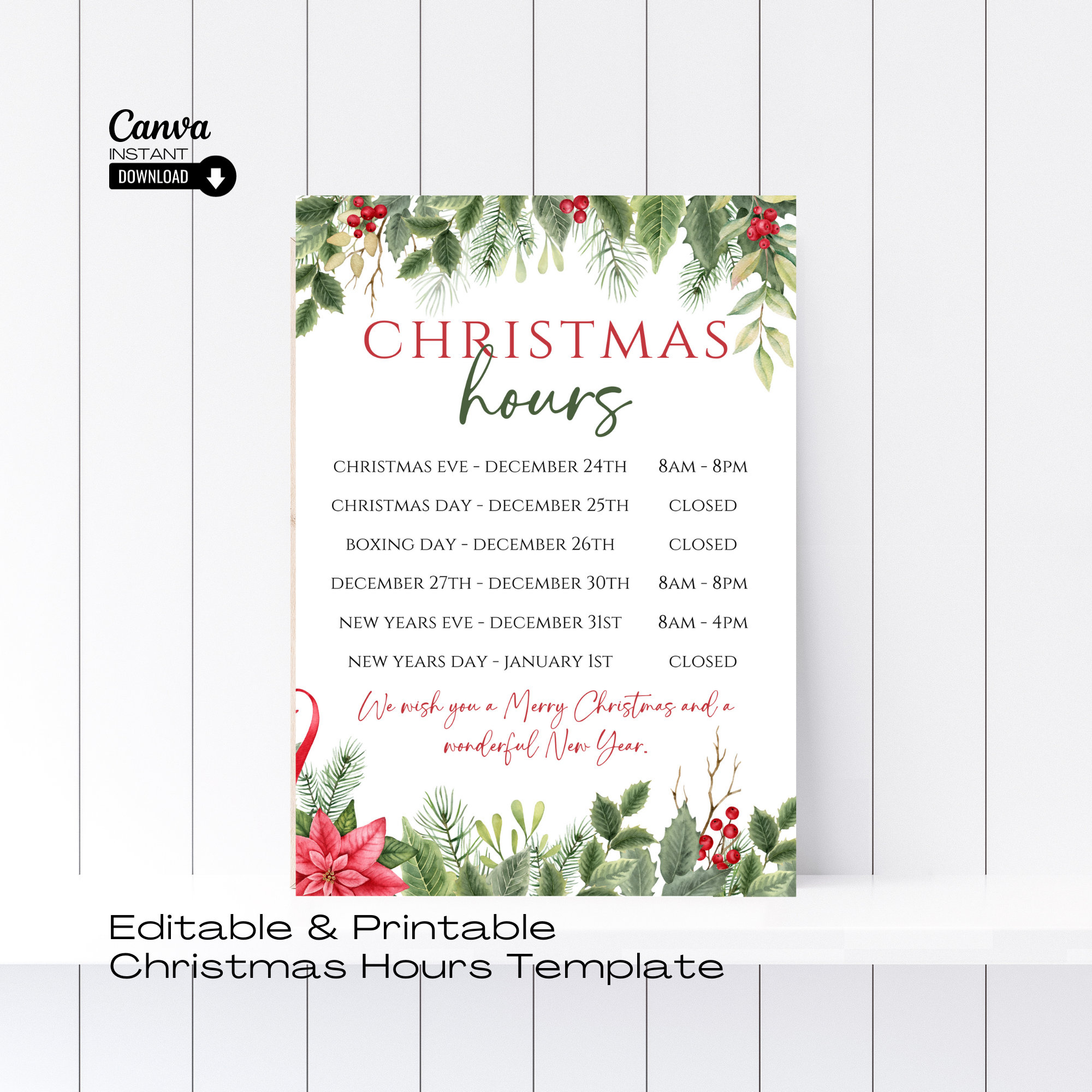 Editable Christmas Store Hours Sign: Holiday Business Template with Christmas Holiday Hours Sign Template
