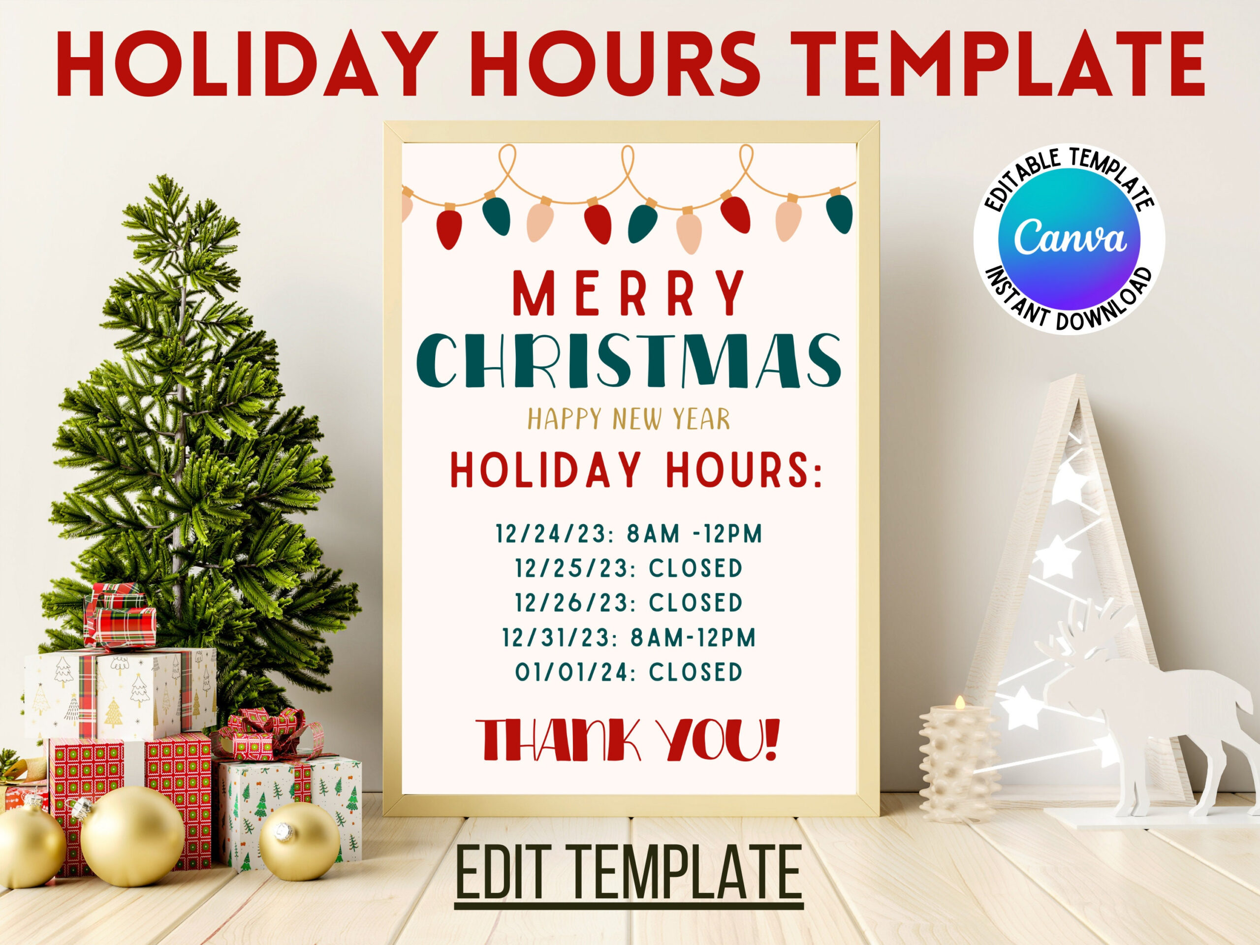 Editable Holiday Hours Template In Canva: Festive Flexibility For inside Christmas Holiday Hours Sign Template