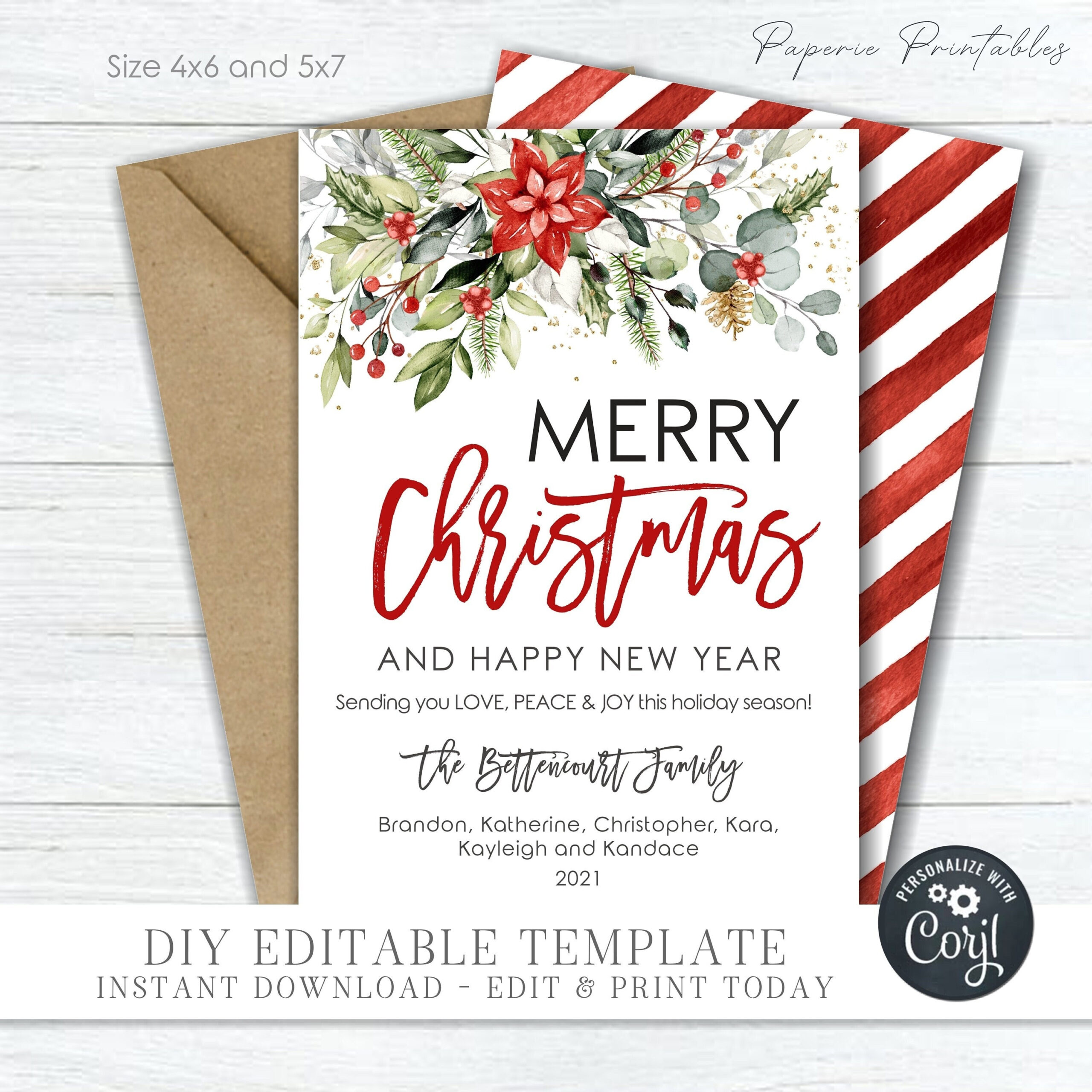 Floral Christmas Card: Editable Holiday Card (4X6 & 5X7) (Digital throughout 4X6 Christmas Card Template
