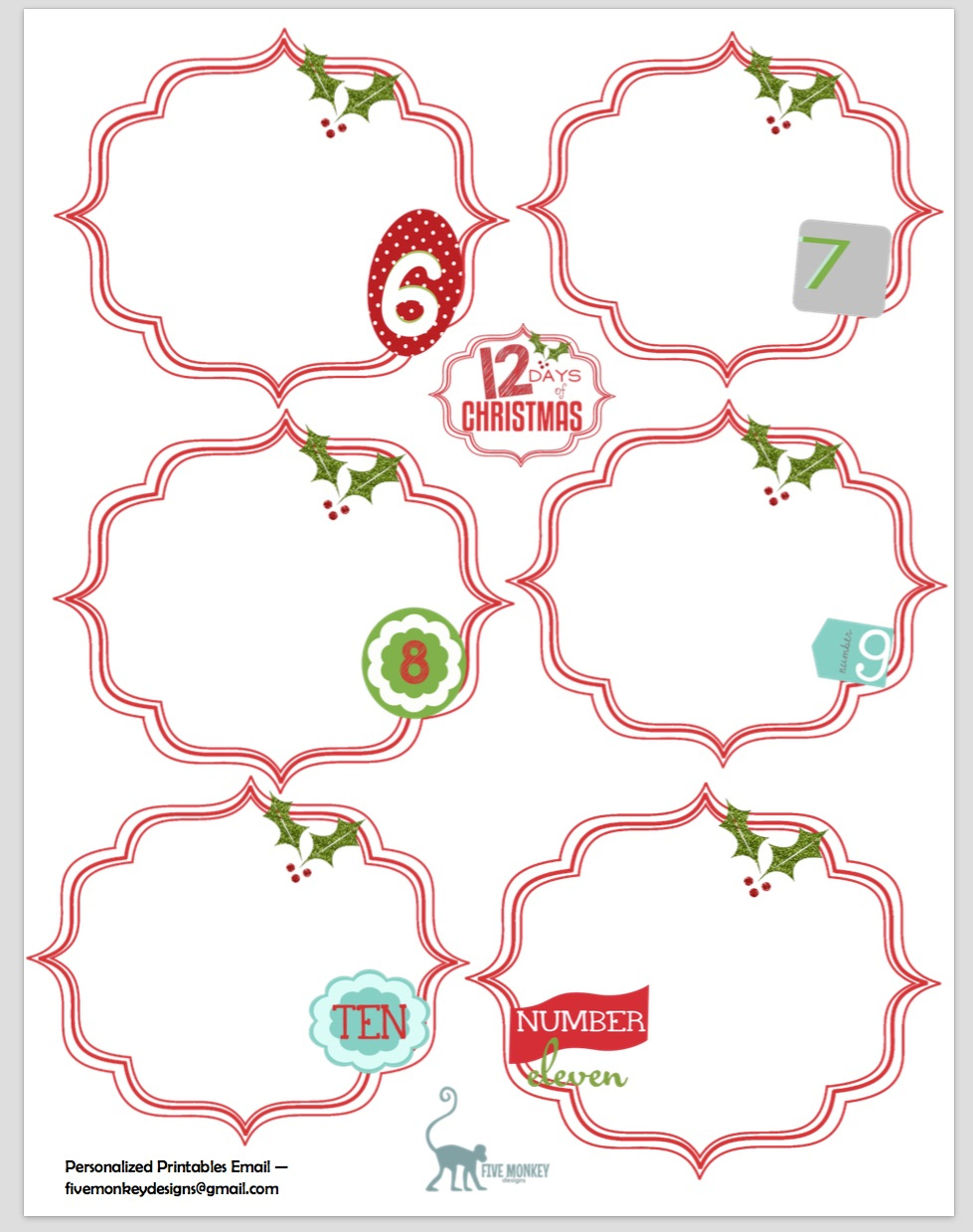 Free 12 Days Of Christmas Printable Tags {By Five Monkey Design with regard to 12 Days Of Christmas Blank Template