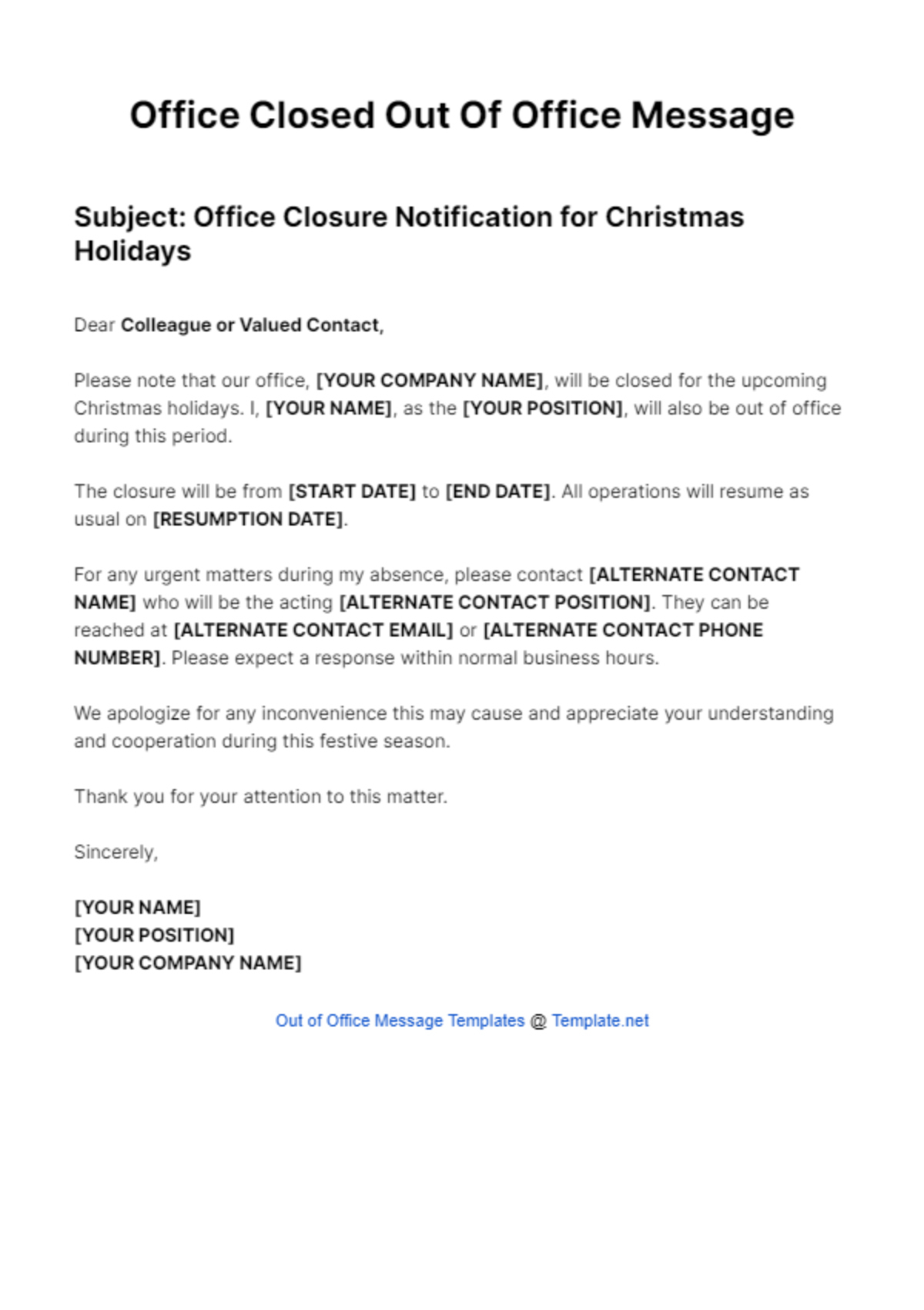 Free Office Closed Out Of Office Message Template To Edit Online in Christmas Closure Email Template