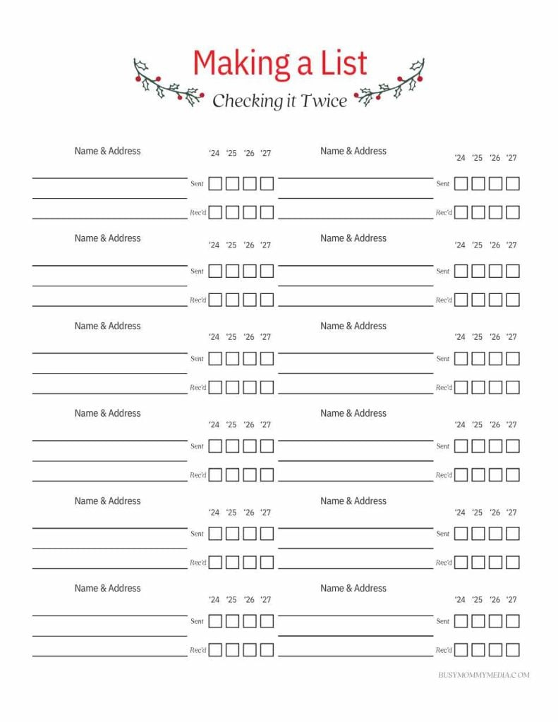 Free Printable Christmas Card Address List in Christmas Address List Template