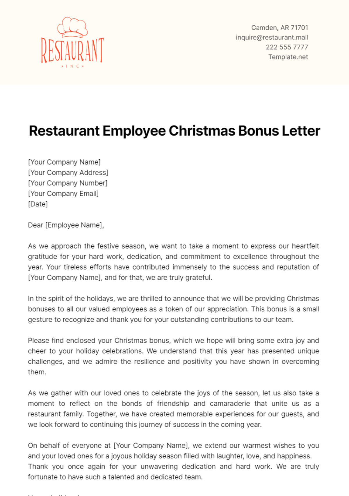 Free Restaurant Employee Christmas Bonus Letter Template To Edit for Christmas Bonus Email Template