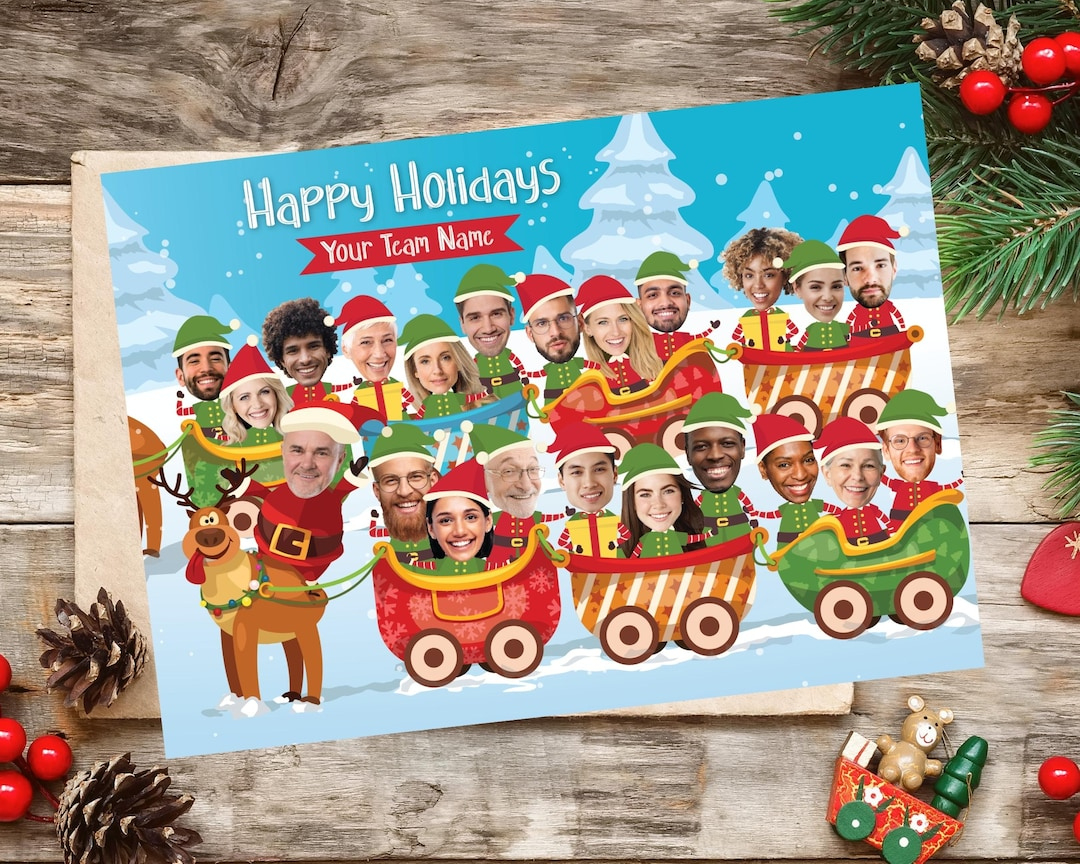 Funny Photo Christmas Greeting Card, Elves In Train Family Or throughout Christmas Card Template Insert Face