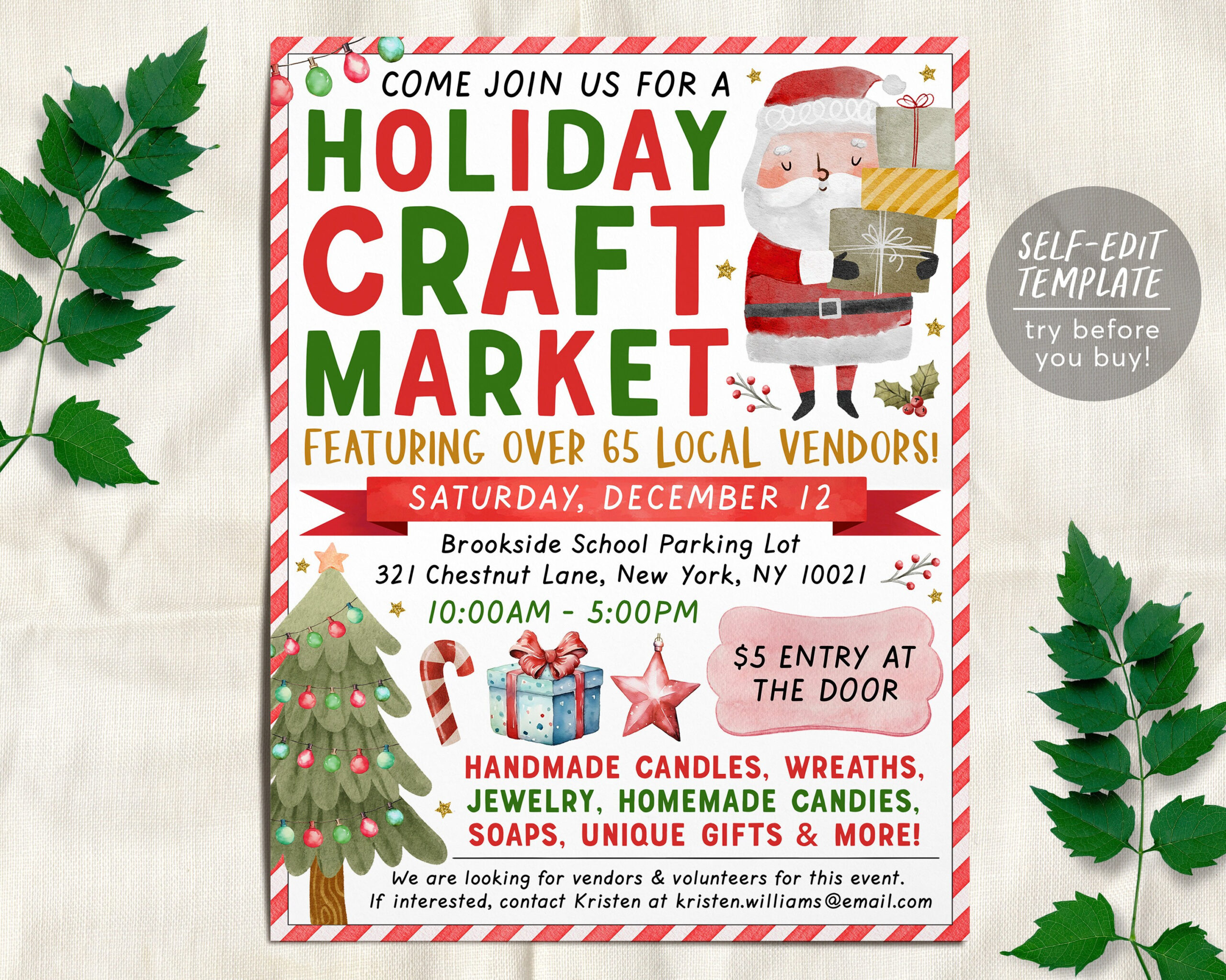 Holiday Craft Market Flyer Editable Template, Christmas Craft Show for Christmas Craft Fair Flyer Template