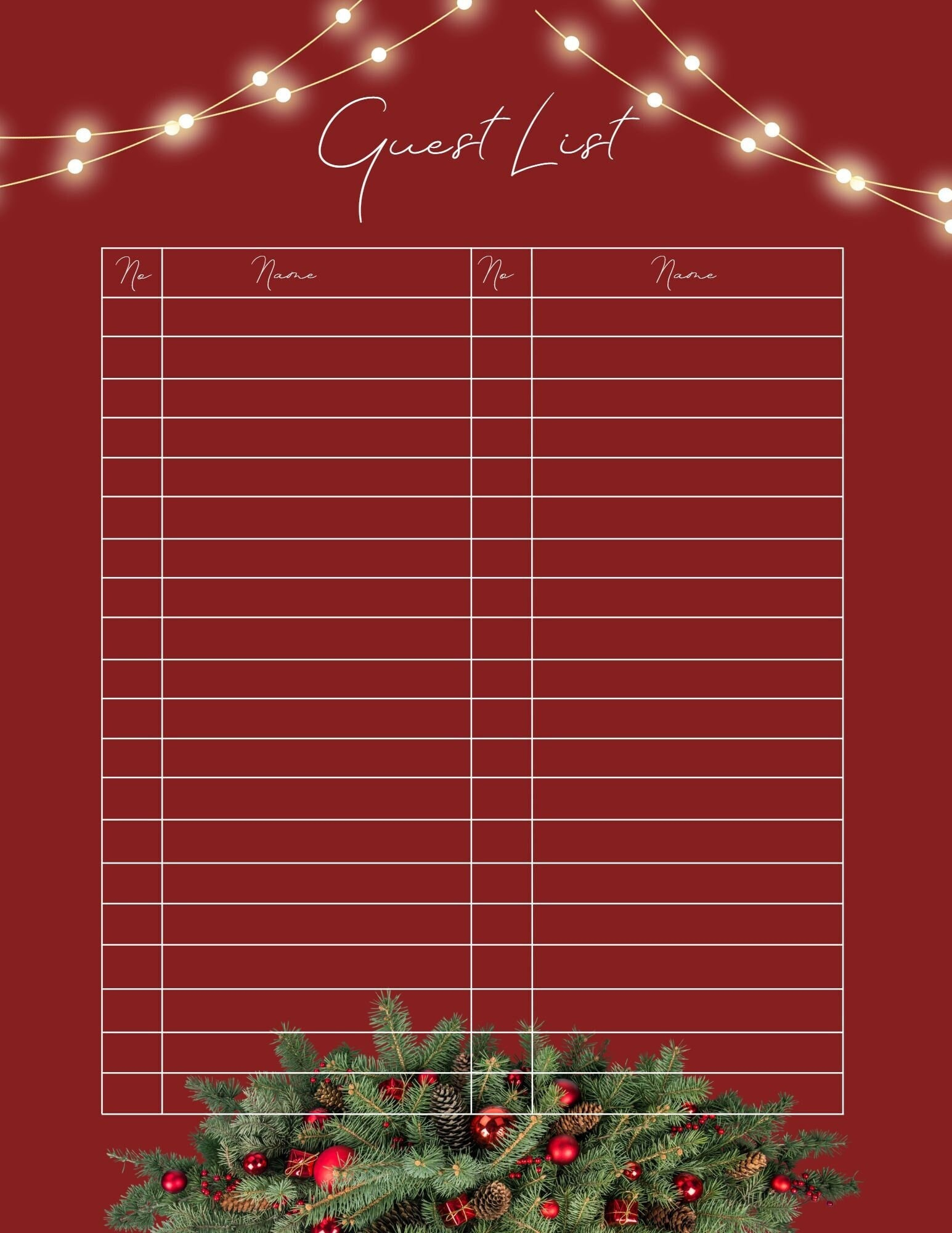 Holiday Guest List Digital Download - Etsy Israel within Christmas Guest List Template