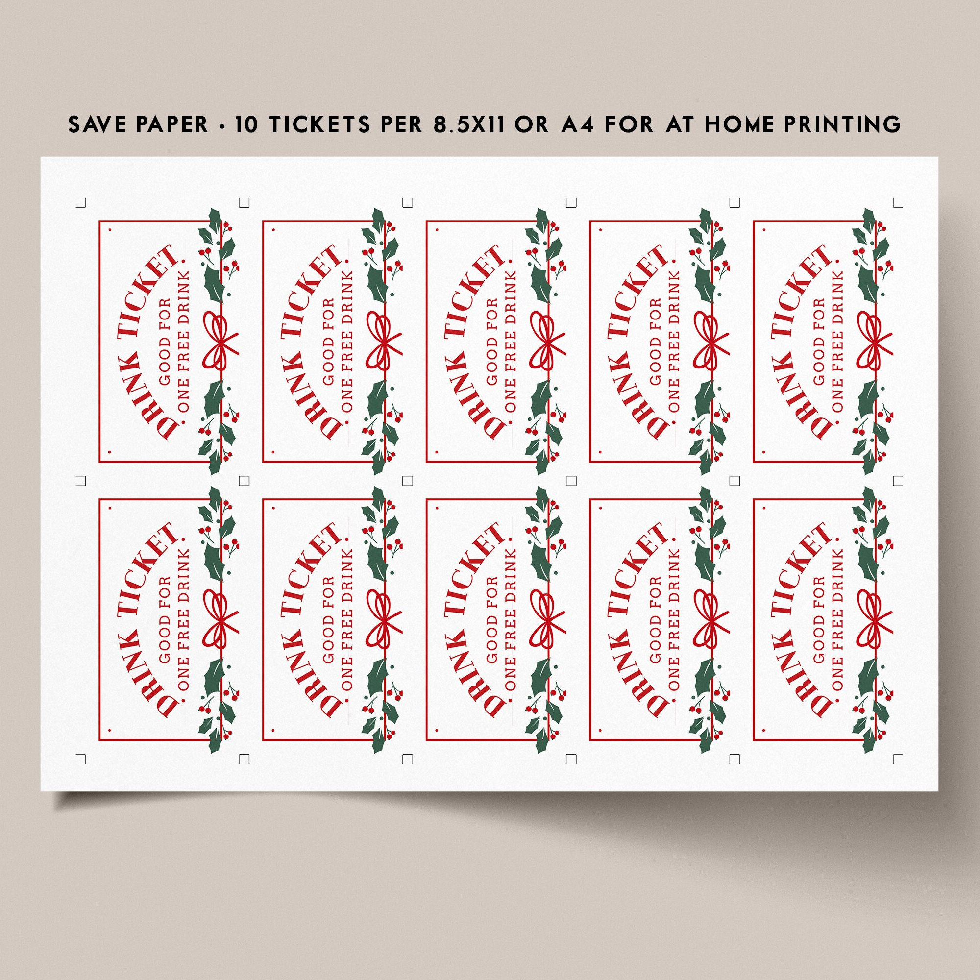 Holly Red Bow Drink Ticket: Holiday Coupon Printable, Cocktail regarding Christmas Drink Ticket Template