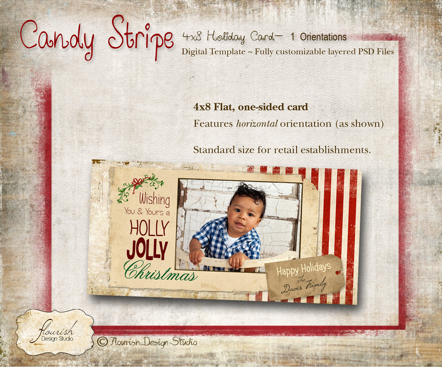 Instant Download - 4X8 Christmas Card Photoshop Template - Candy with 4X8 Christmas Card Template