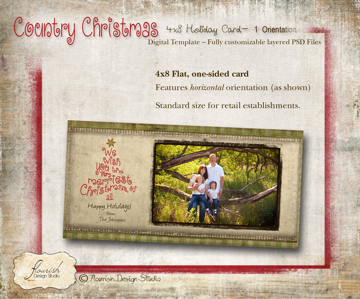 Instant Download - 4X8 Seasons Greeting Card Slimline Photoshop in 4x8 Christmas Card Template
