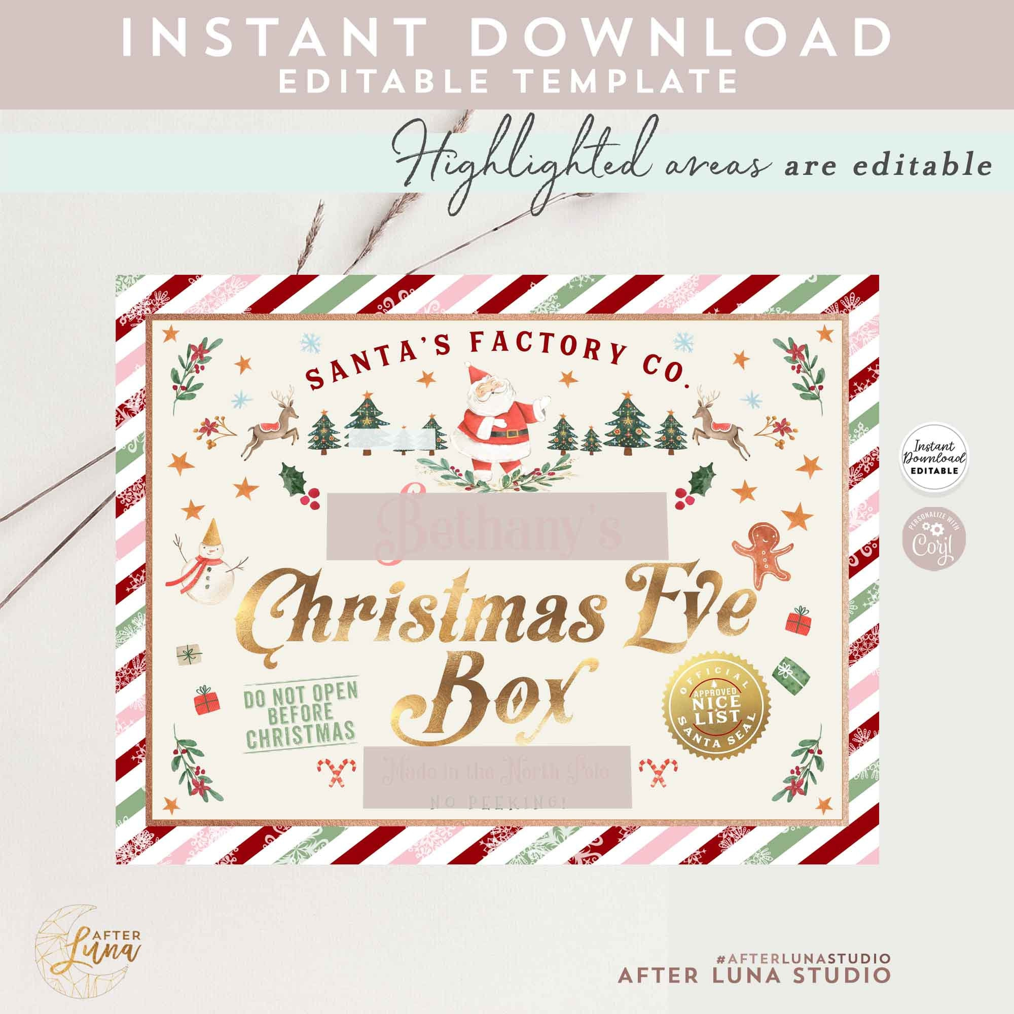 Pink Christmas Eve Box Label: Santa Xmas Eve Traditions Template in Christmas Eve Box Label Template