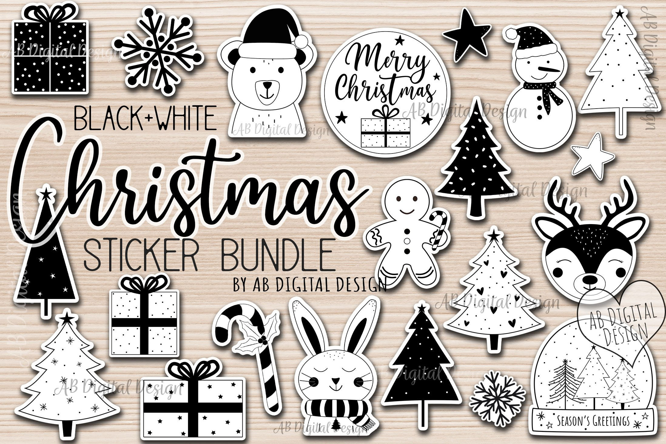 Printable Black & White Christmas Stickers Bundle pertaining to Black And White Christmas Template