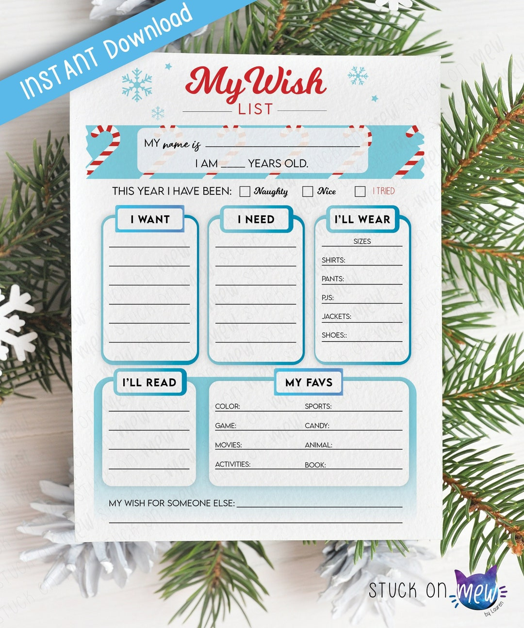 Printable Christmas Gift Wish List Template, My Wish List with Christmas Gift Idea List Template