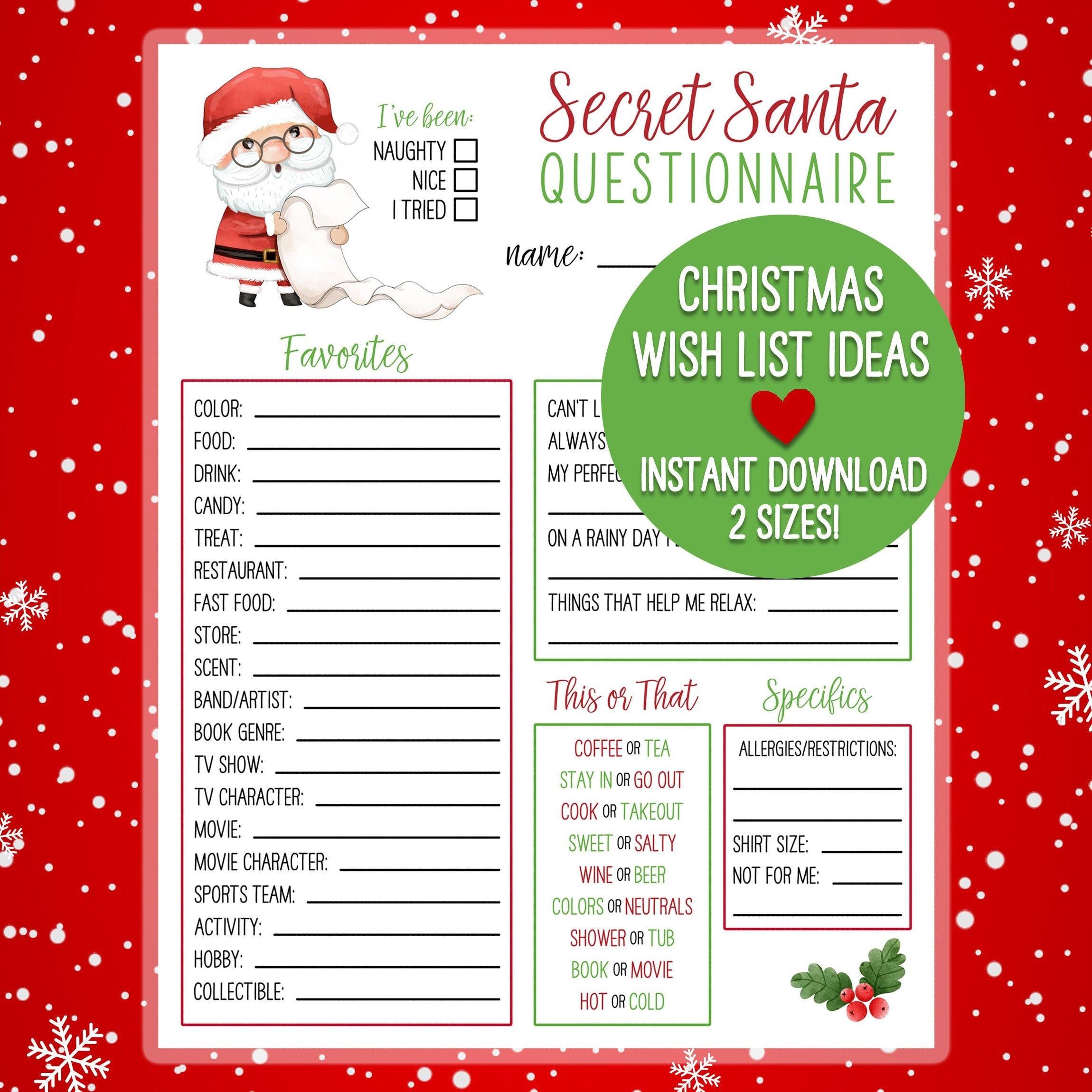 Printable Secret Santa Christmas Wish List | Holiday Gift Exchange for Christmas Gift Exchange List Template