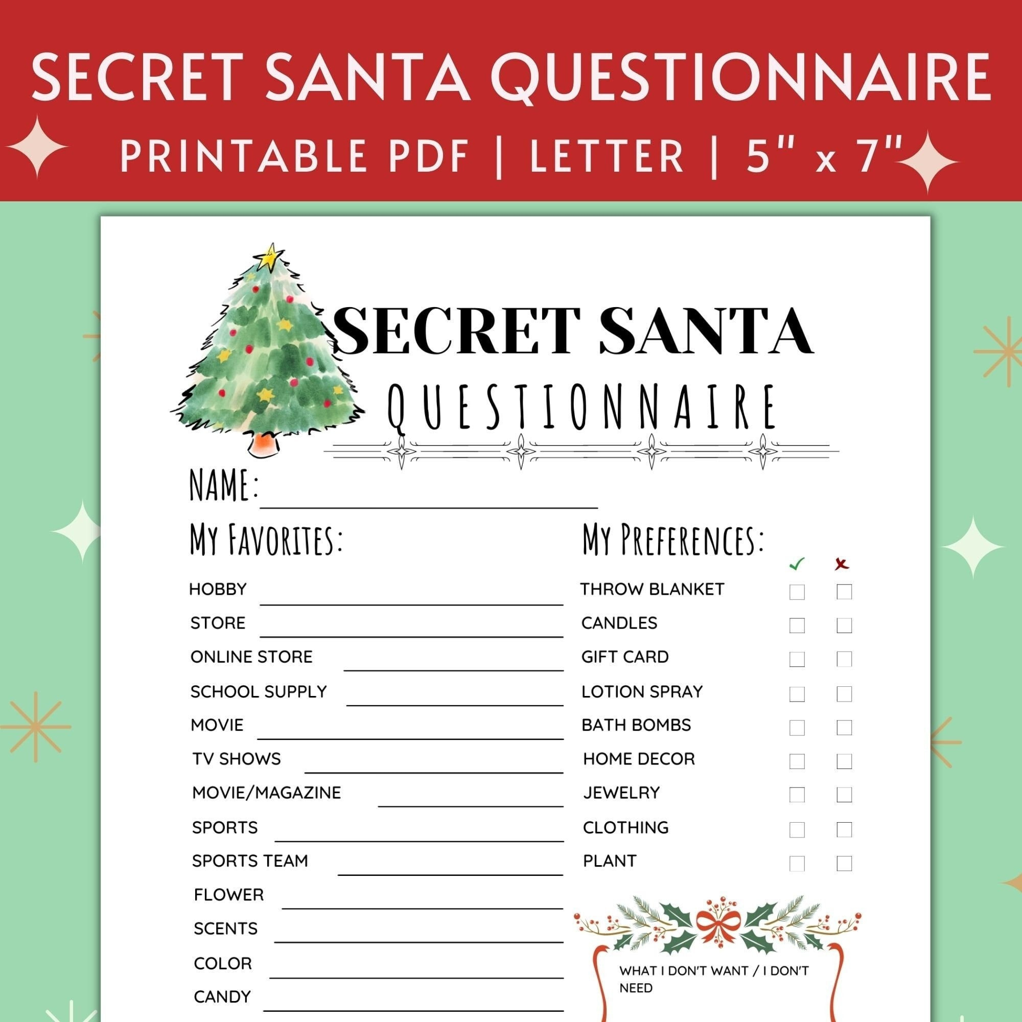 Printable Secret Santa Questionnaire For Christmas Gift Exchange with regard to Christmas Gift Exchange List Template