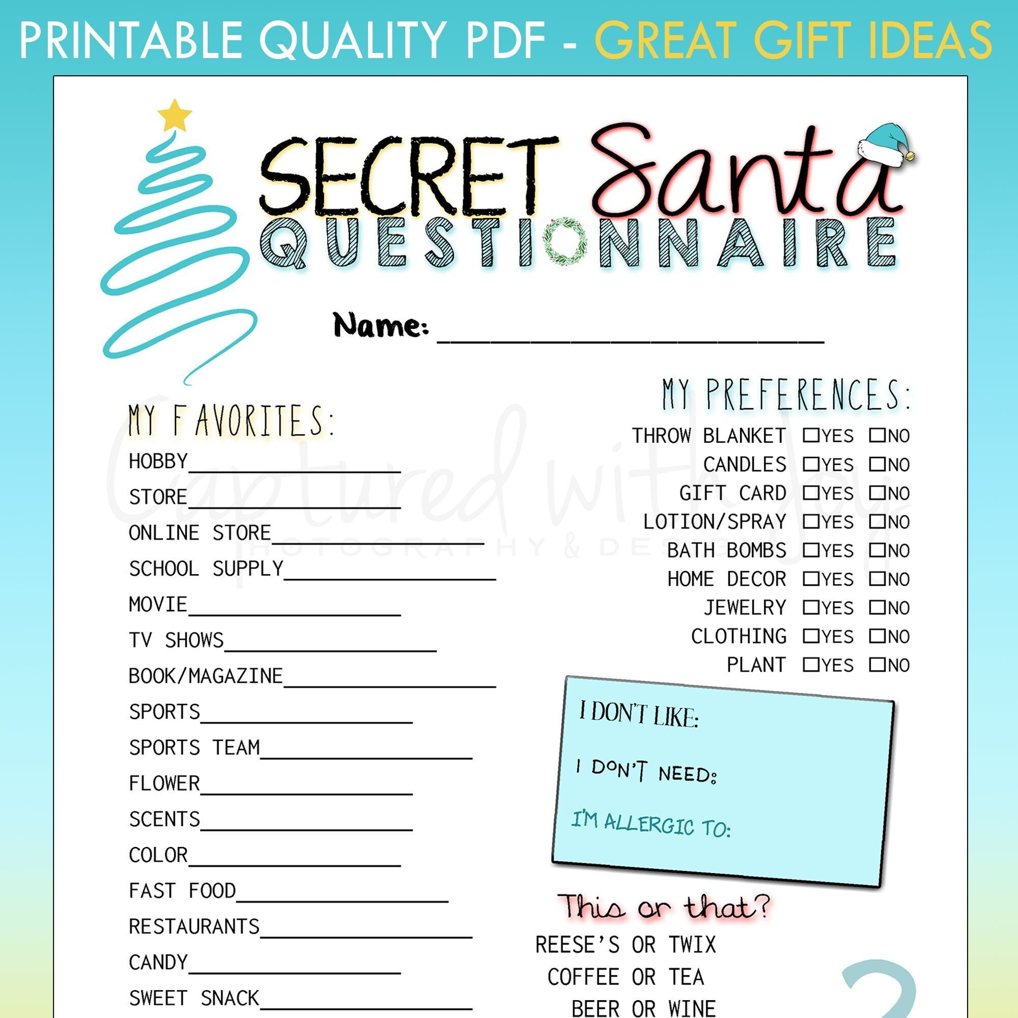 Printable Secret Santa Questionnaire For Gift Exchange (Work Or within Christmas Gift Questionnaire Template