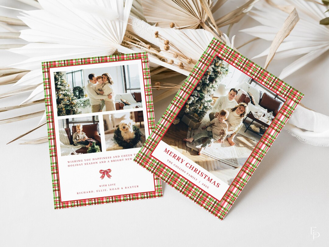 Red And Green Plaid Christmas Card Template For 2-Sided Plaid inside 2 Photo Christmas Card Template