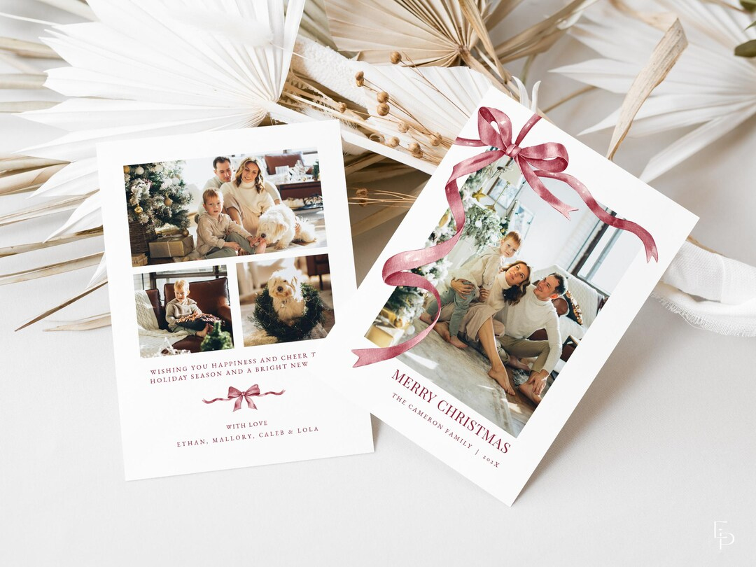 Red Coquette Bow Photo Christmas Card Template For Two-Sided pertaining to Bow Christmas Card Template