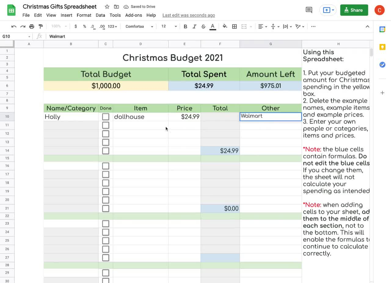 Simple Christmas Gift Tracker And Budget Template Spreadsheet For Google  Sheets with Christmas Gift Spreadsheet Template