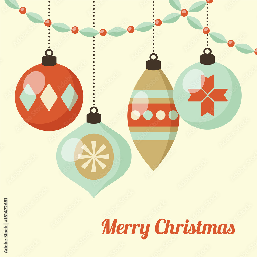 Stock-Vektorgrafik „Retro Christmas Card With Hanging Christmas in Christmas Card Ball Ornament Template