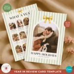 Year In Review Christmas Card Template With Stripes And Bow Intended For Christmas Card Record Template
