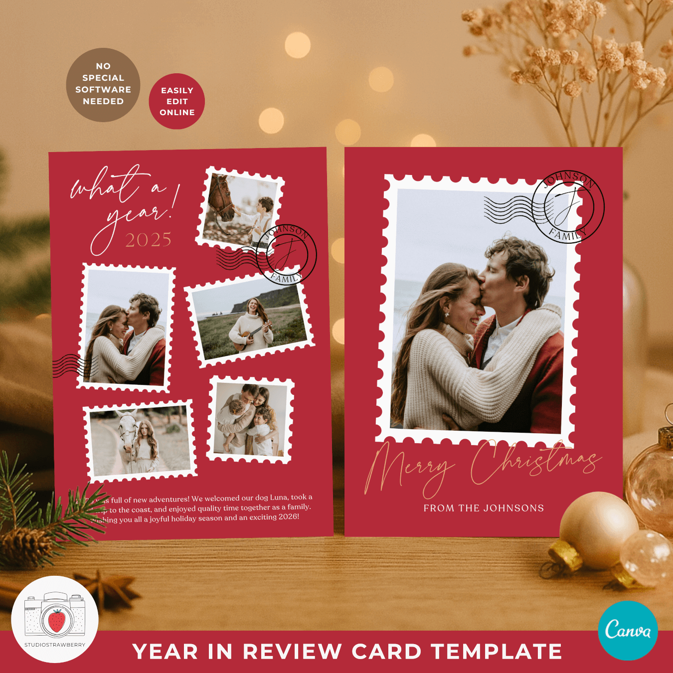 Year In Review Photo Card With Postal Stamp Design – Strawberry Kit in 2 Photo Christmas Card Template