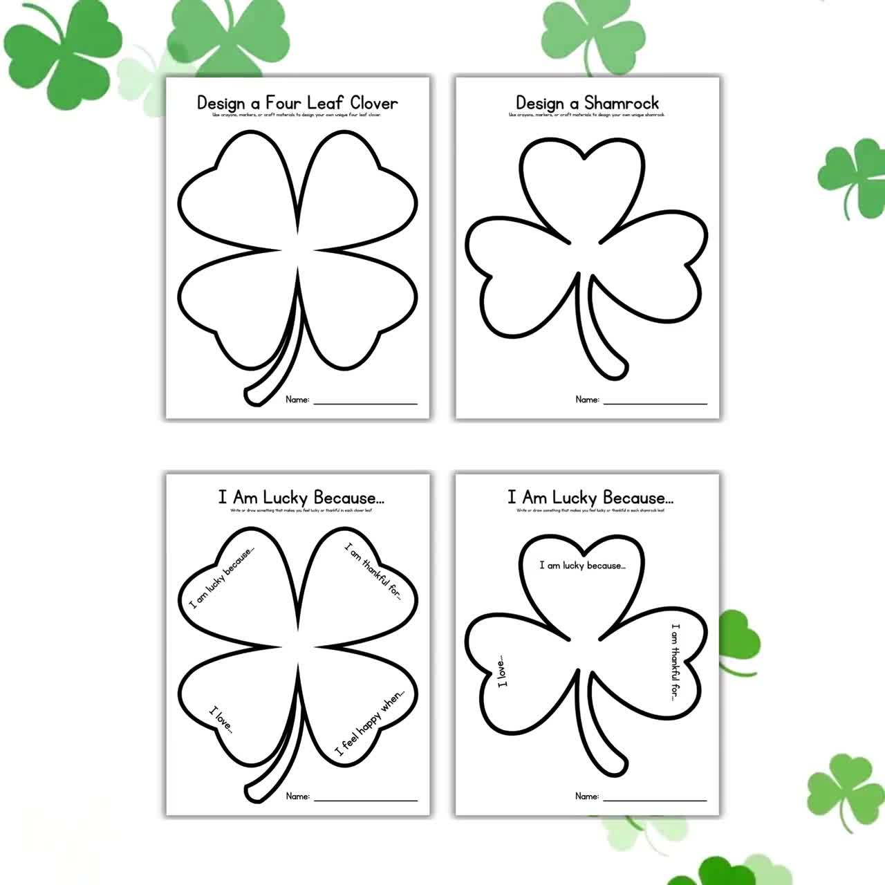 Design A Shamrock And Four Leaf Clover Craft For St. Patrick&amp;#039;S Day,  Printable Gratitude Writing Activity For Kids, Spring Pack Preschool Pdf regarding Four Leaf Clover I Am Lucky Because Shamrock Template