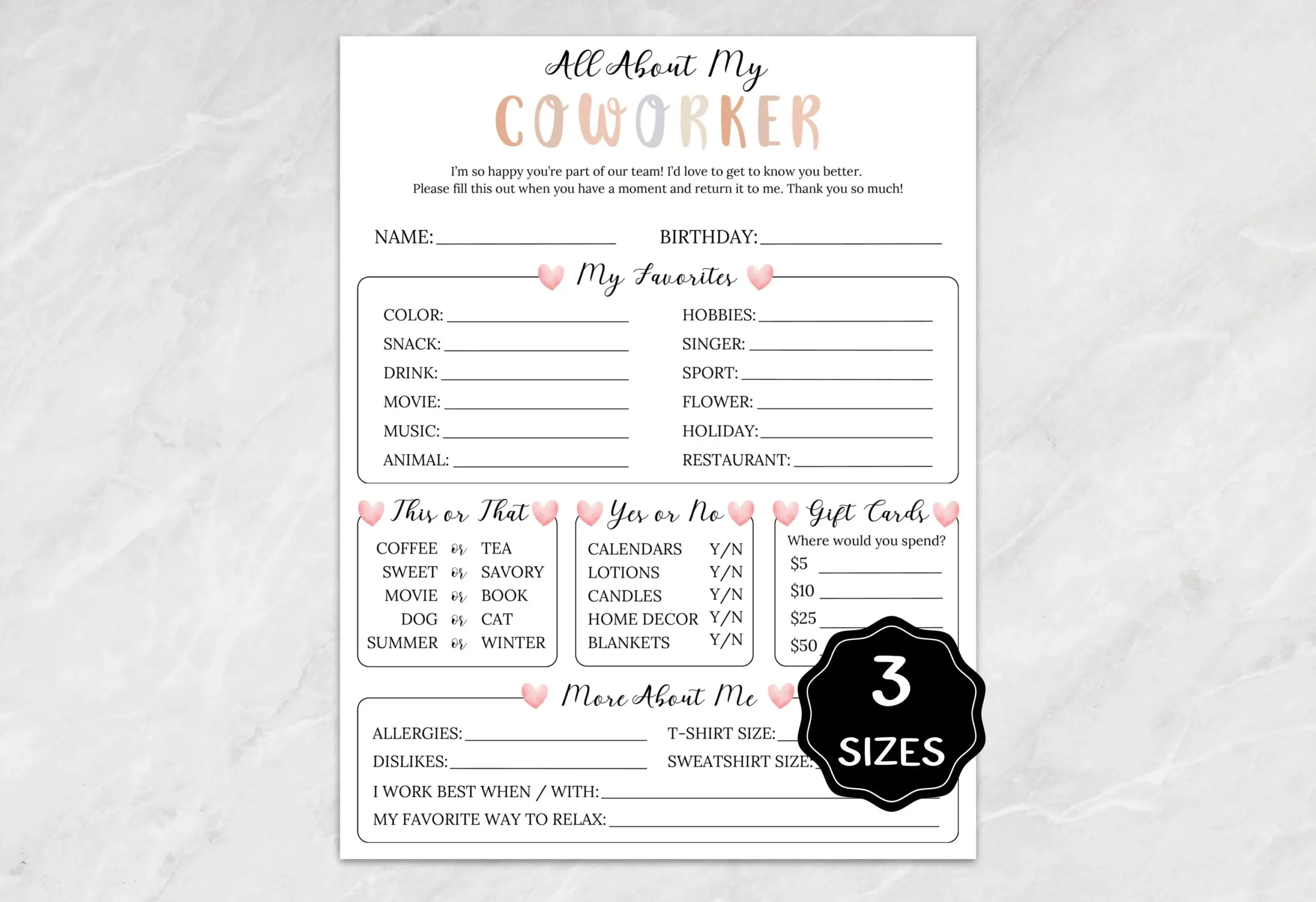 coworkers printable getting to know your employees questionnaire template