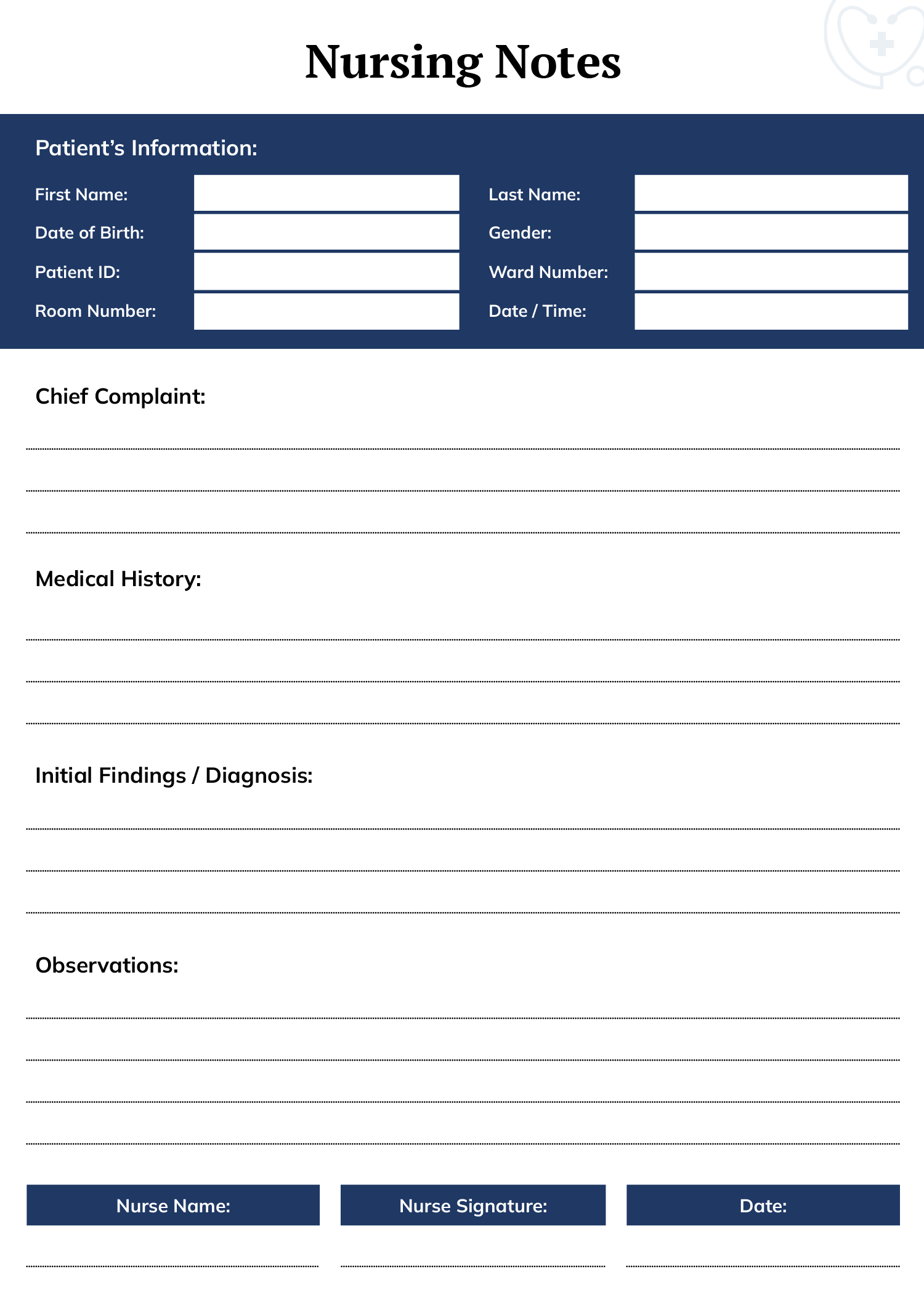 Blank Nursing Notes Template
