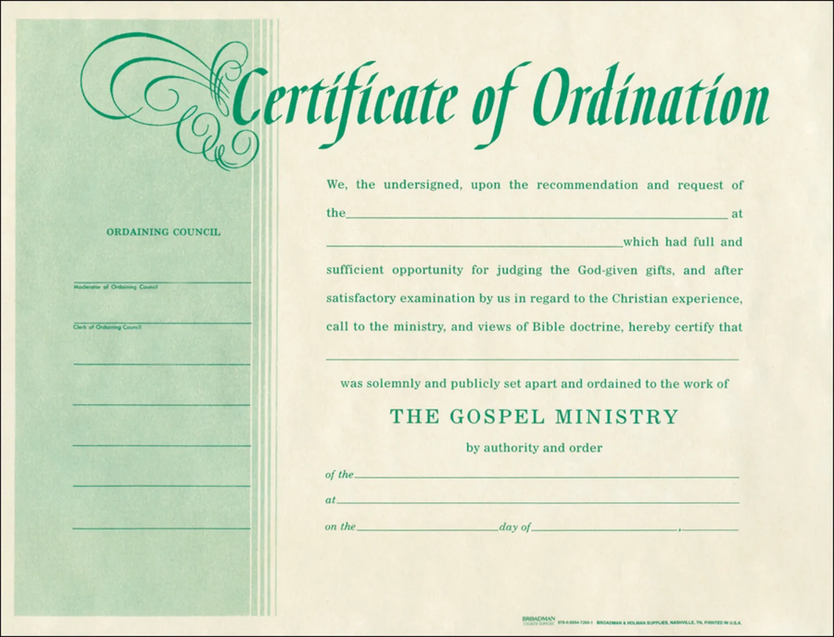Certificate Of Ordination For Minister Beige Parchment With Green Print Package Of 6 P001148551 Certificate Of Ordination For Minister Beige Parchment With Green Print Package Of 6 P001148551