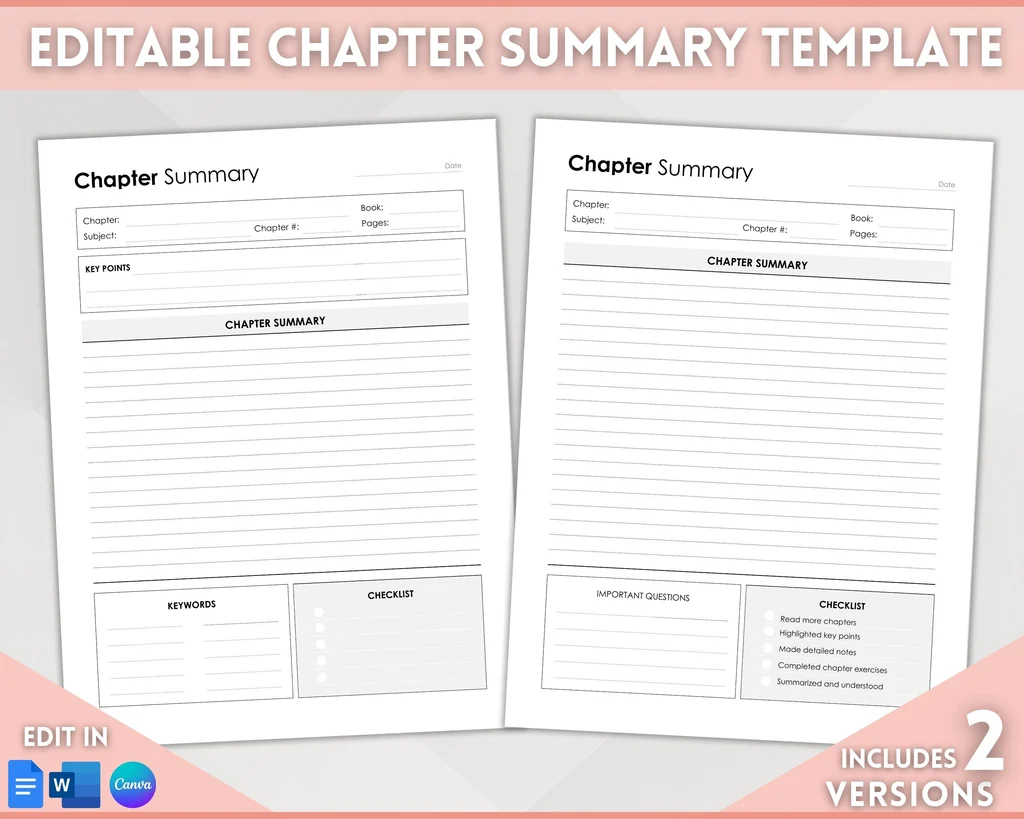 Chapter Summary Template Editable Minimalist