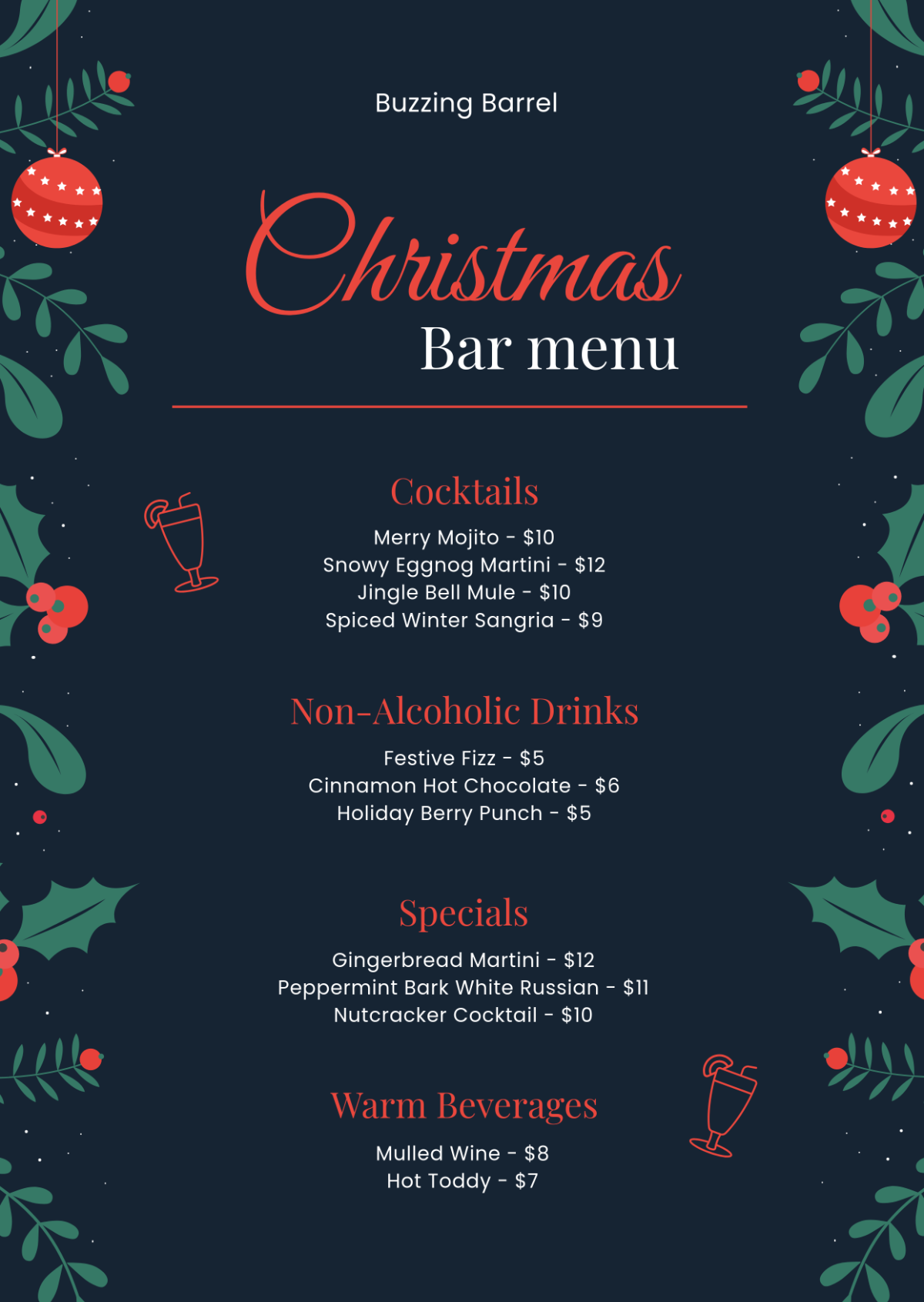 Christmas Bar Menu