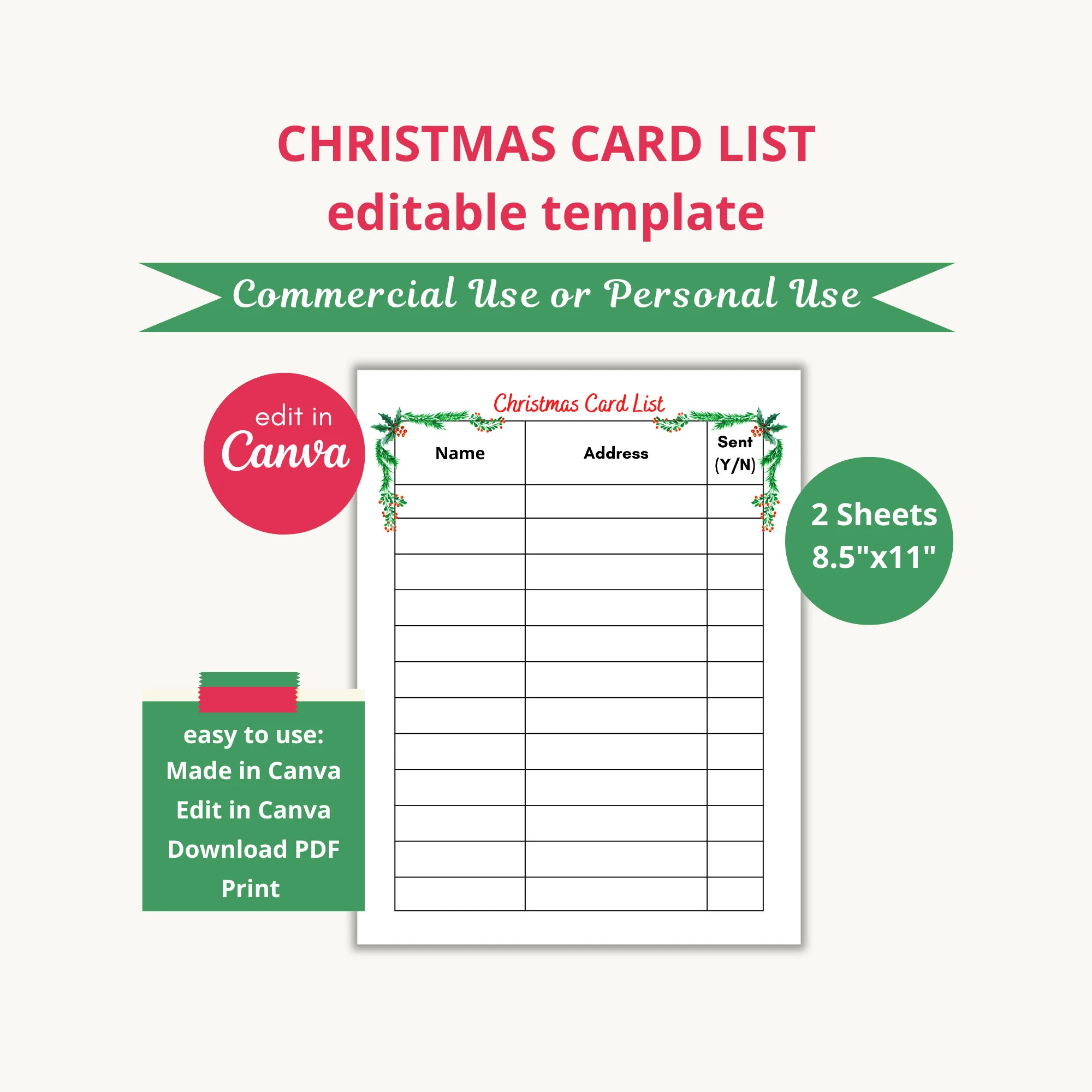 Christmas Card List Tracker Canva