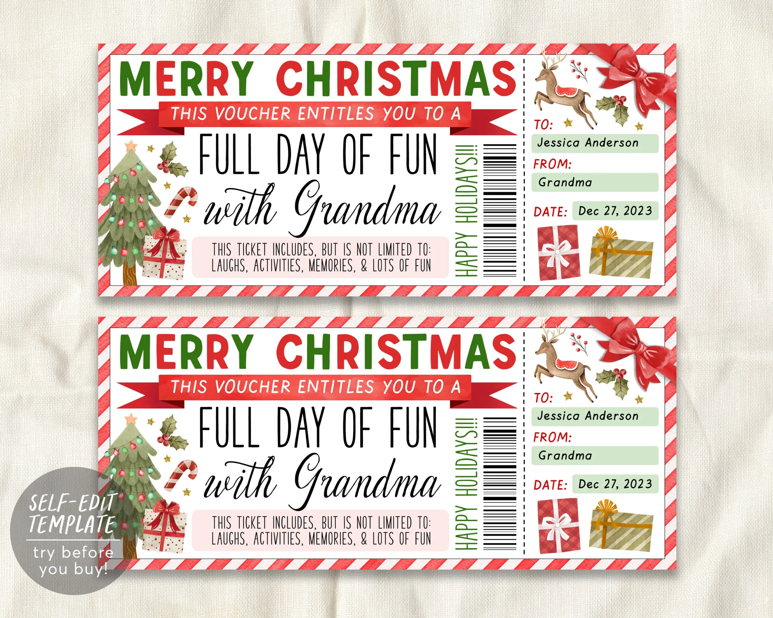 Christmas Fun Day Ticket Editable Template Surprise Day Of Fun With Grandma Gift Certificate For Kids Holiday Fun Experience Voucher Diy 366756515