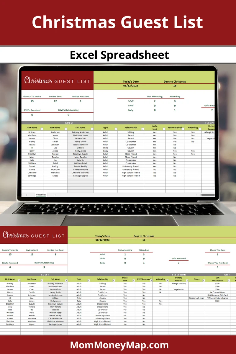 Christmas Party Guest List Tracker Excel Spreadsheet