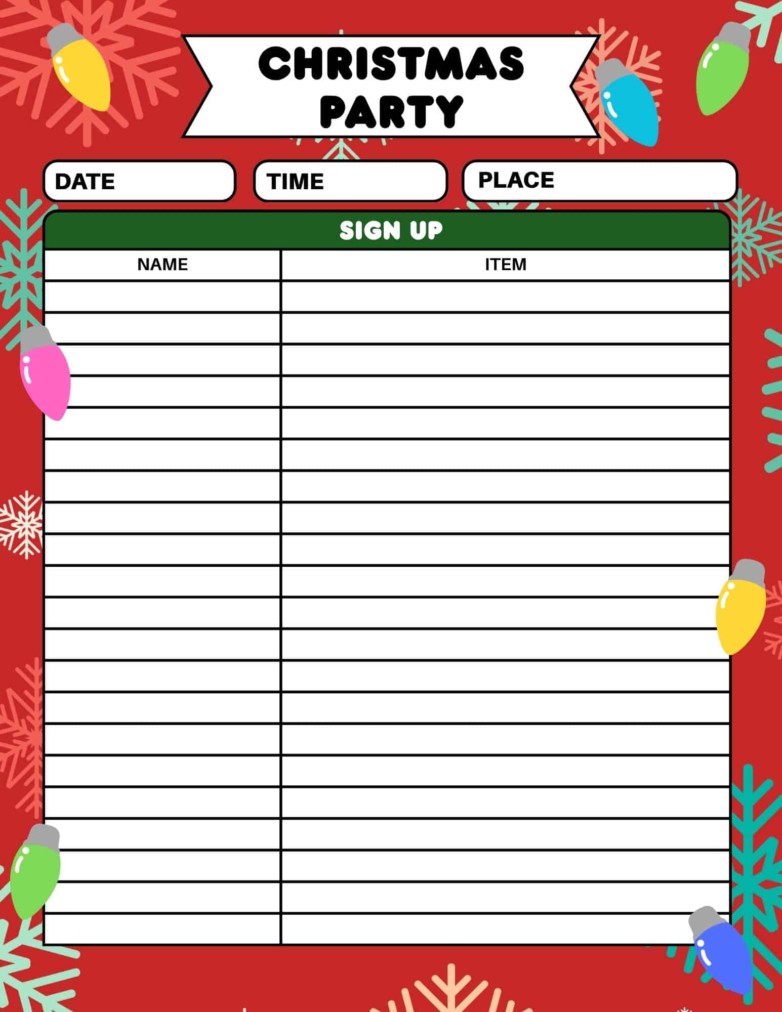 Christmas Party Sign Up Sheet