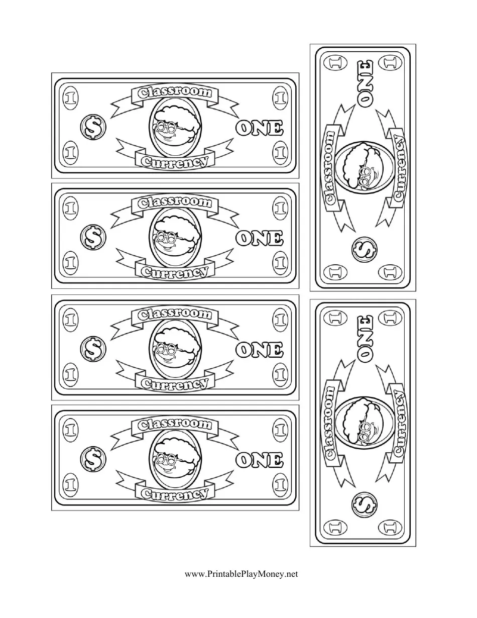 Classroom Currency One Dollar Bill Template