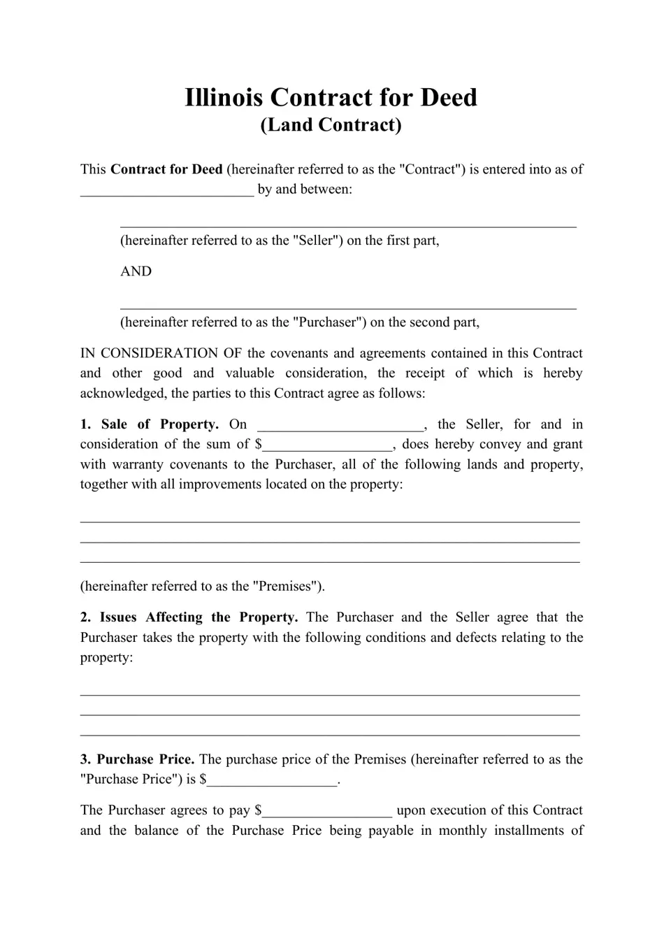 Contract For Deed Land Contract Illinois