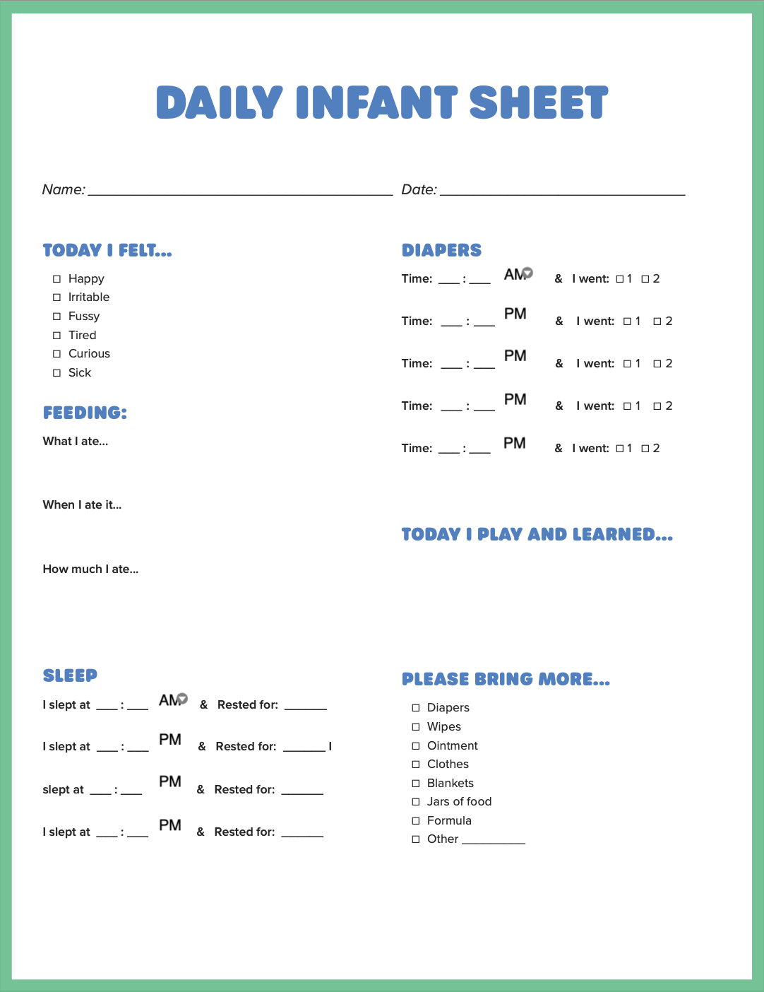 Daily Report Daily Sheet For Daycare